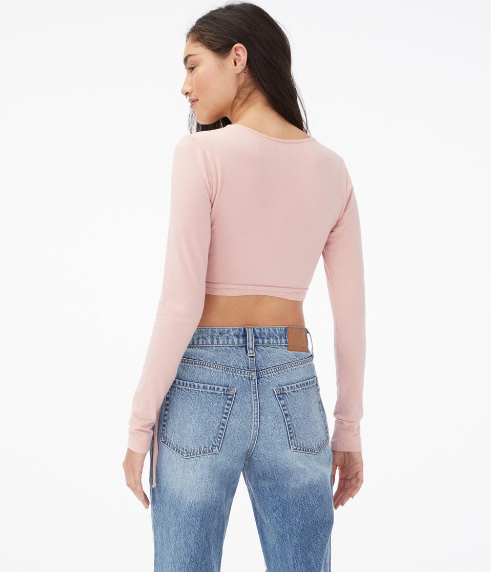 Long Sleeve Seriously Soft Wrap-Front Tie Crop Top