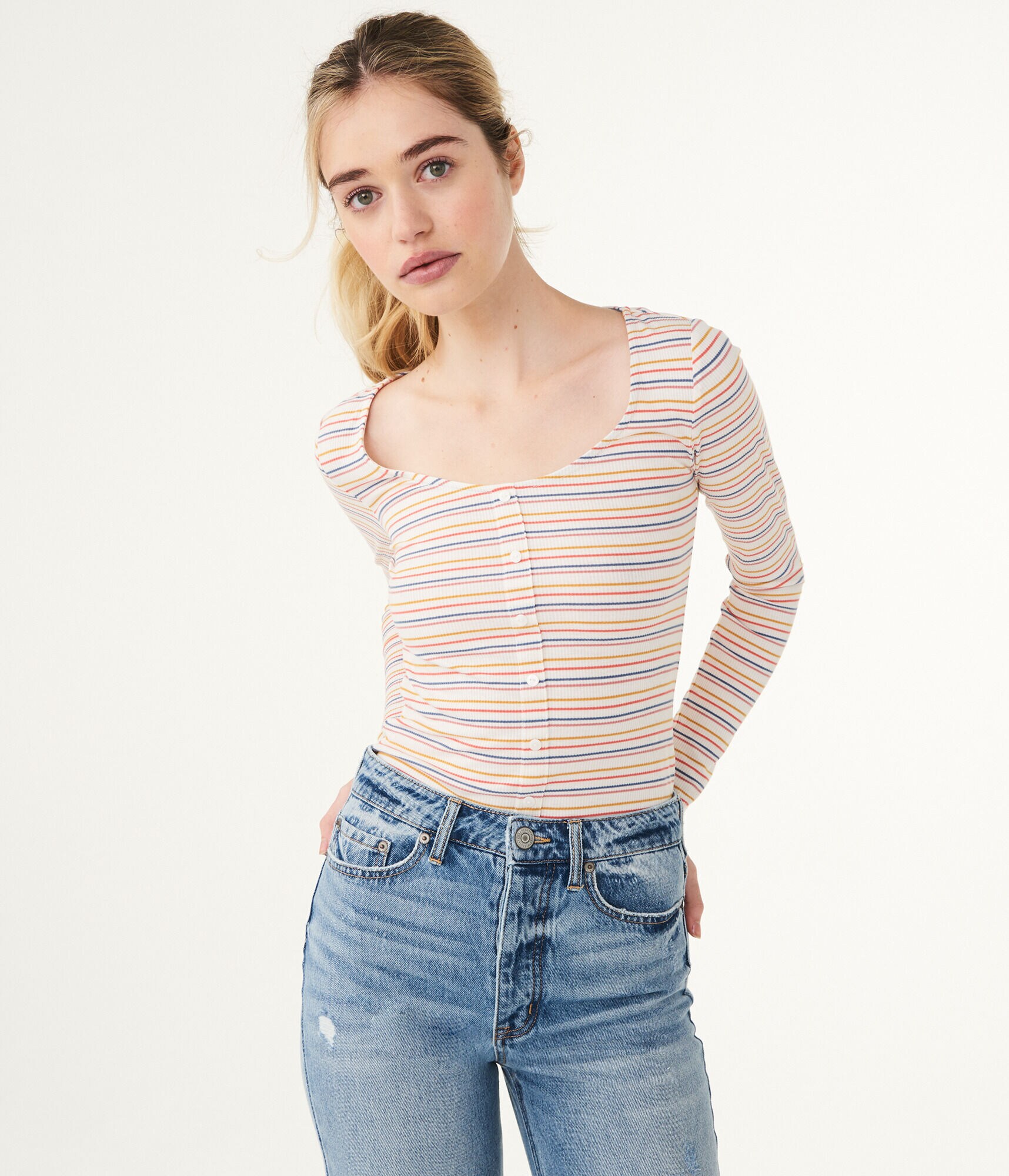 Long Sleeve Striped Lettuce-Trim Henley