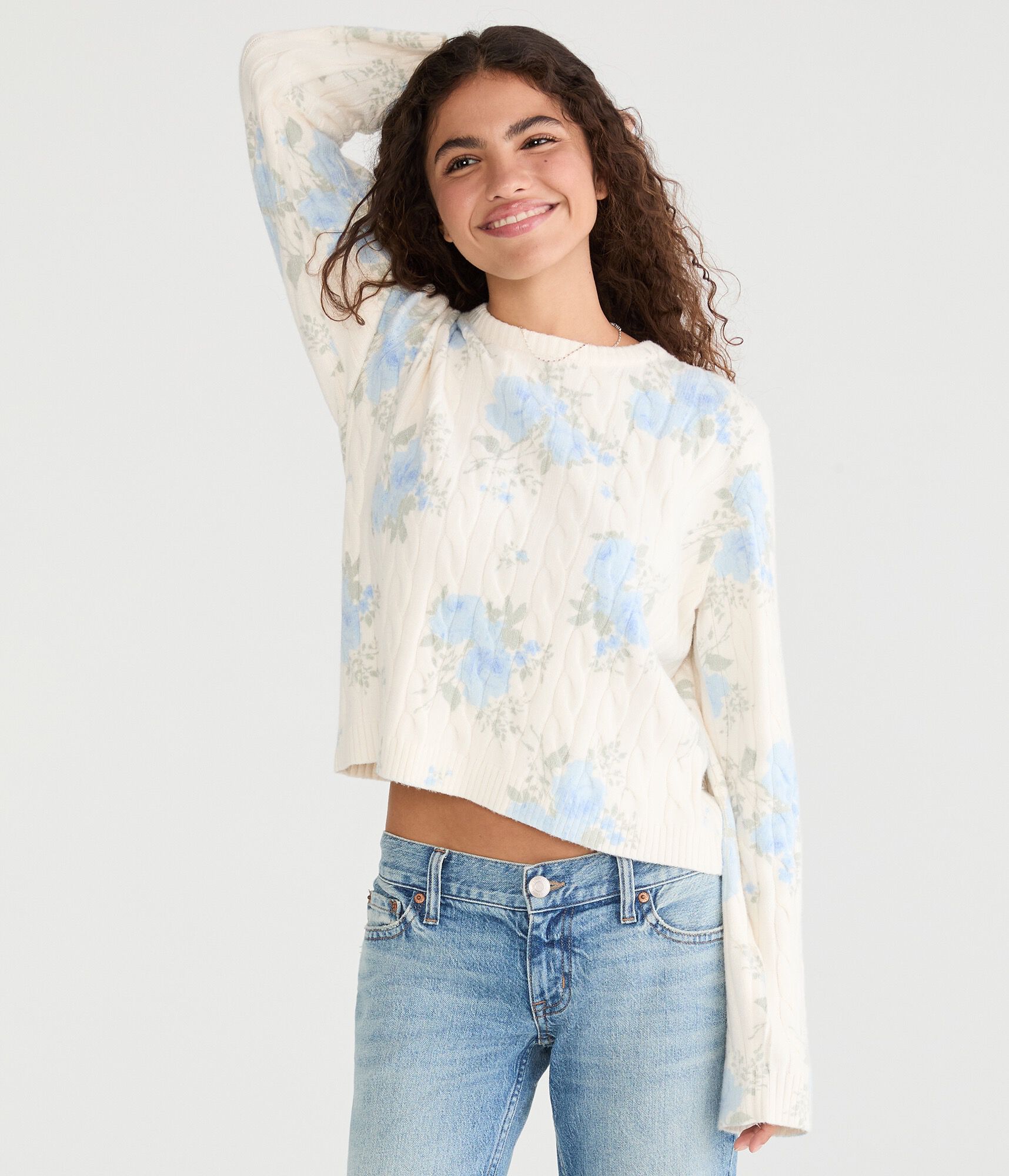 Floral Cable Knit Crew Sweater