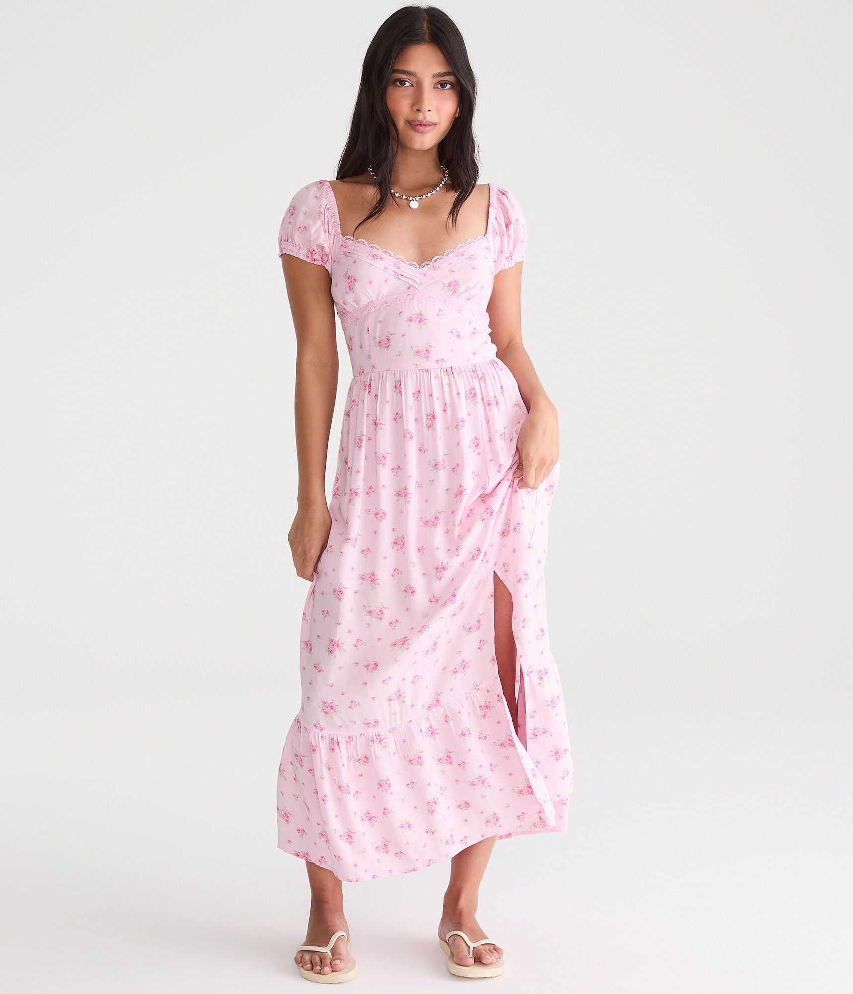 Floral V-Neck Lace Midi Dress