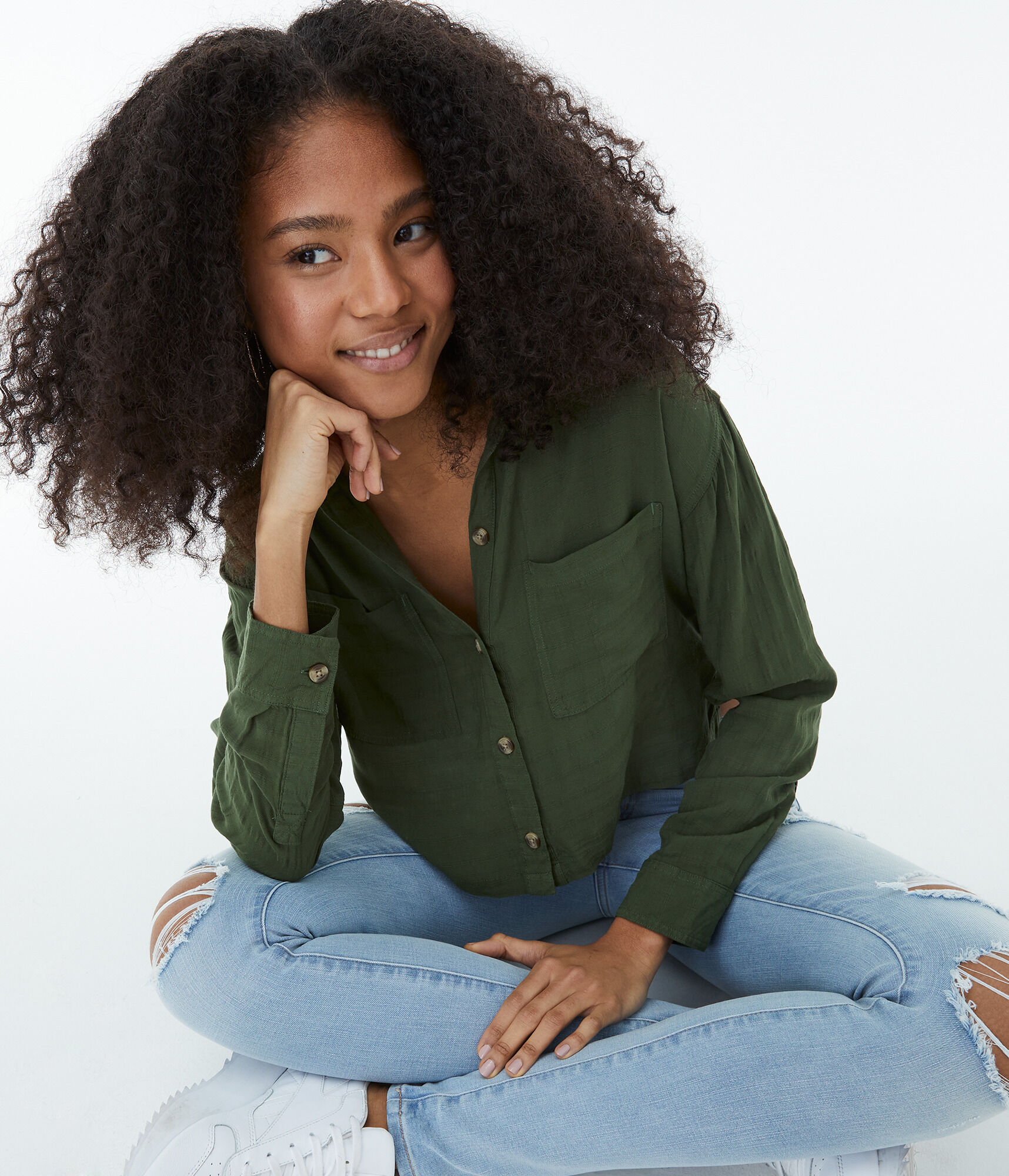 Long Sleeve Textured Button-Down Top