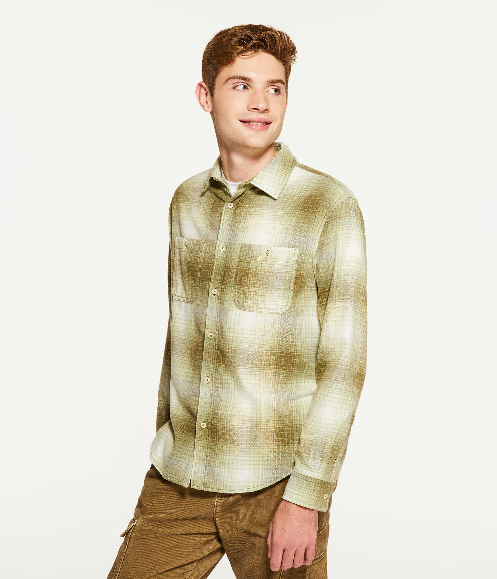 Long Sleeve Relaxed Bleached-Out Plaid Flannel Shirt