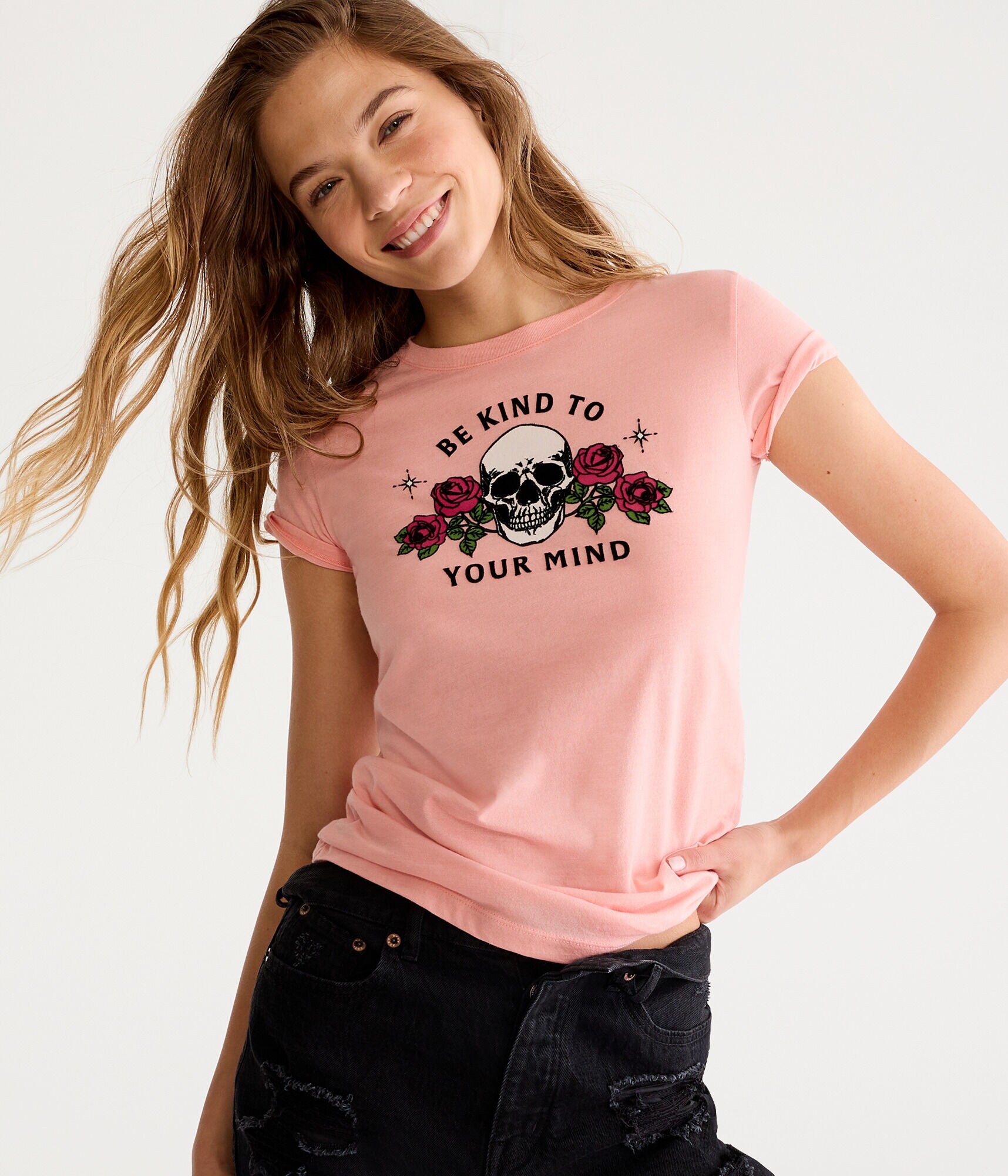 Be Kind To Your Mind Skull Flocked Graphic Tee