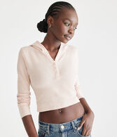 Long Sleeve Cropped Hooded Waffle Henley