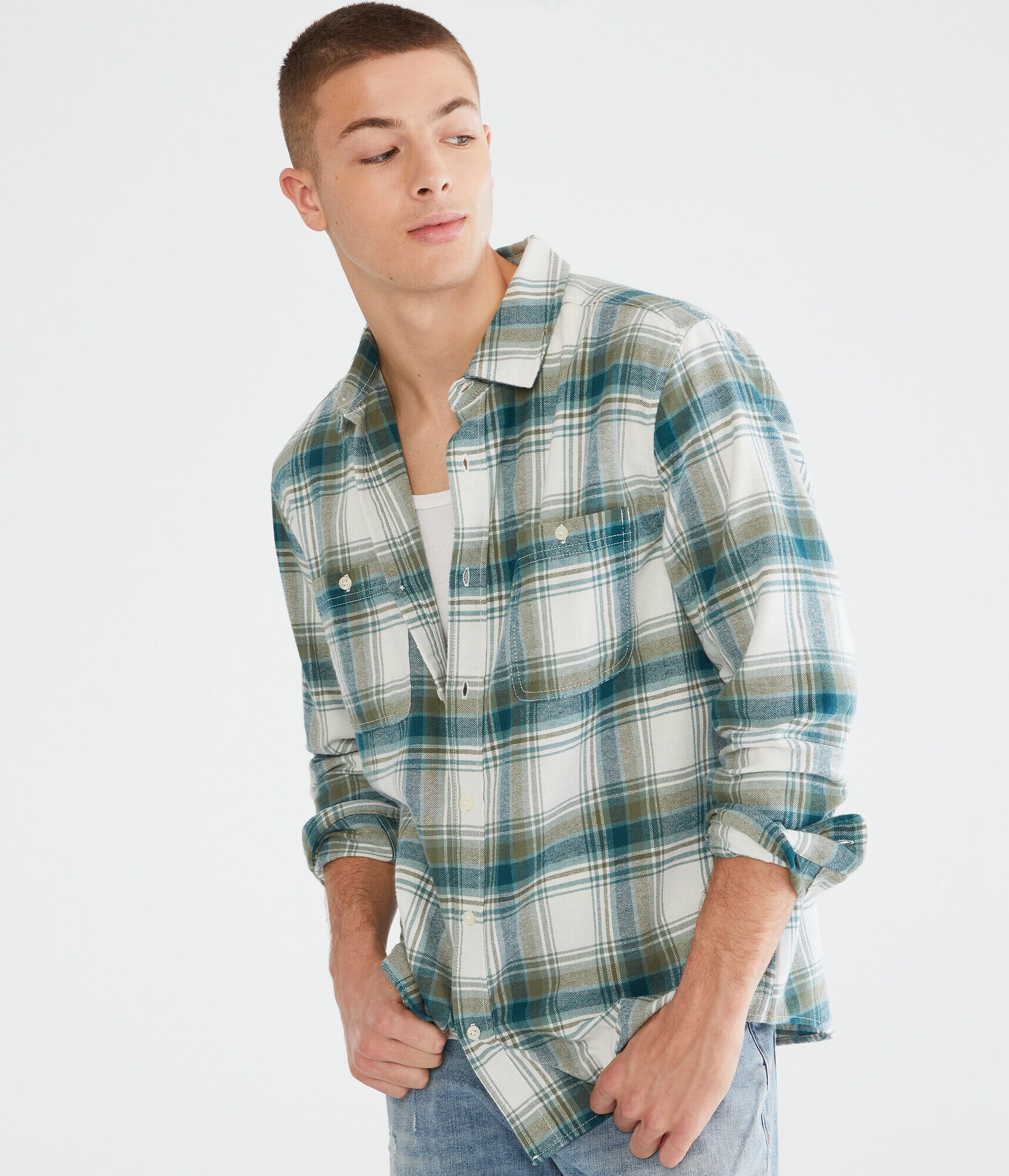 Long Sleeve Relaxed Washed Plaid Flannel Shirt