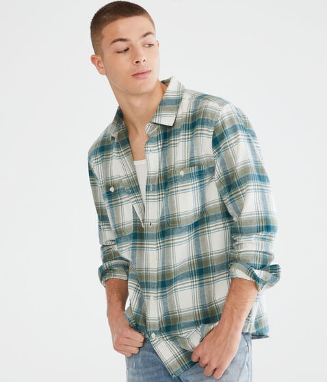 Long Sleeve Relaxed Washed Plaid Flannel Shirt