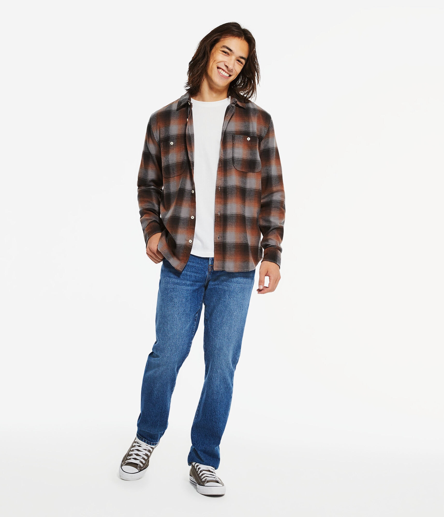 Long Sleeve Relaxed Washed Plaid Flannel Shirt