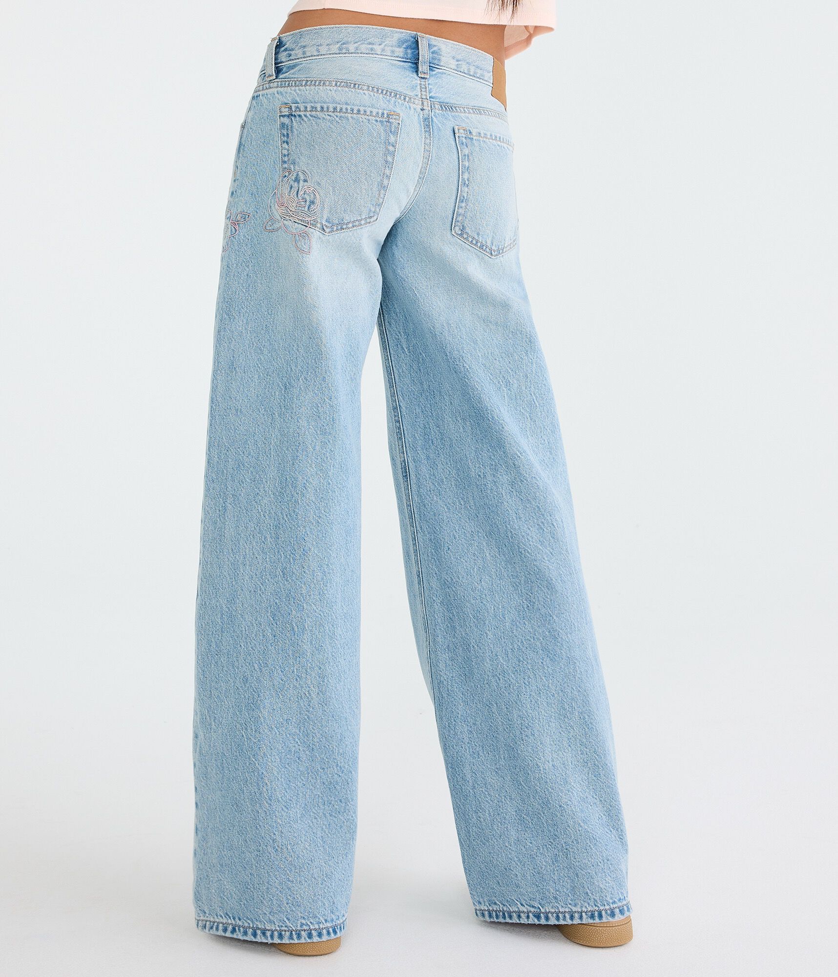 Super Low-Rise Ultra Wide Leg Embroidered Flowers Jean