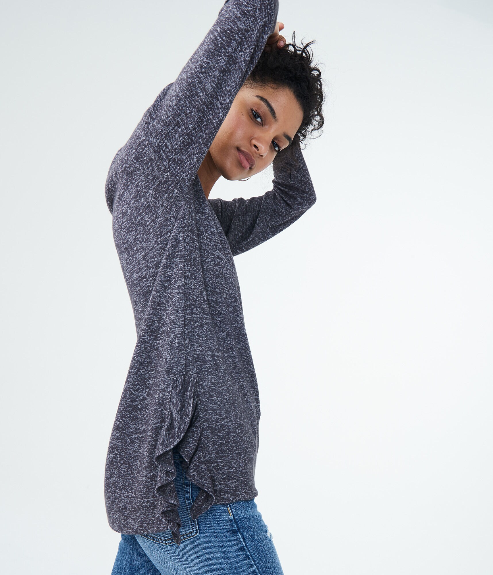 LLD Long Sleeve Side Ruffle V-Neck Top***