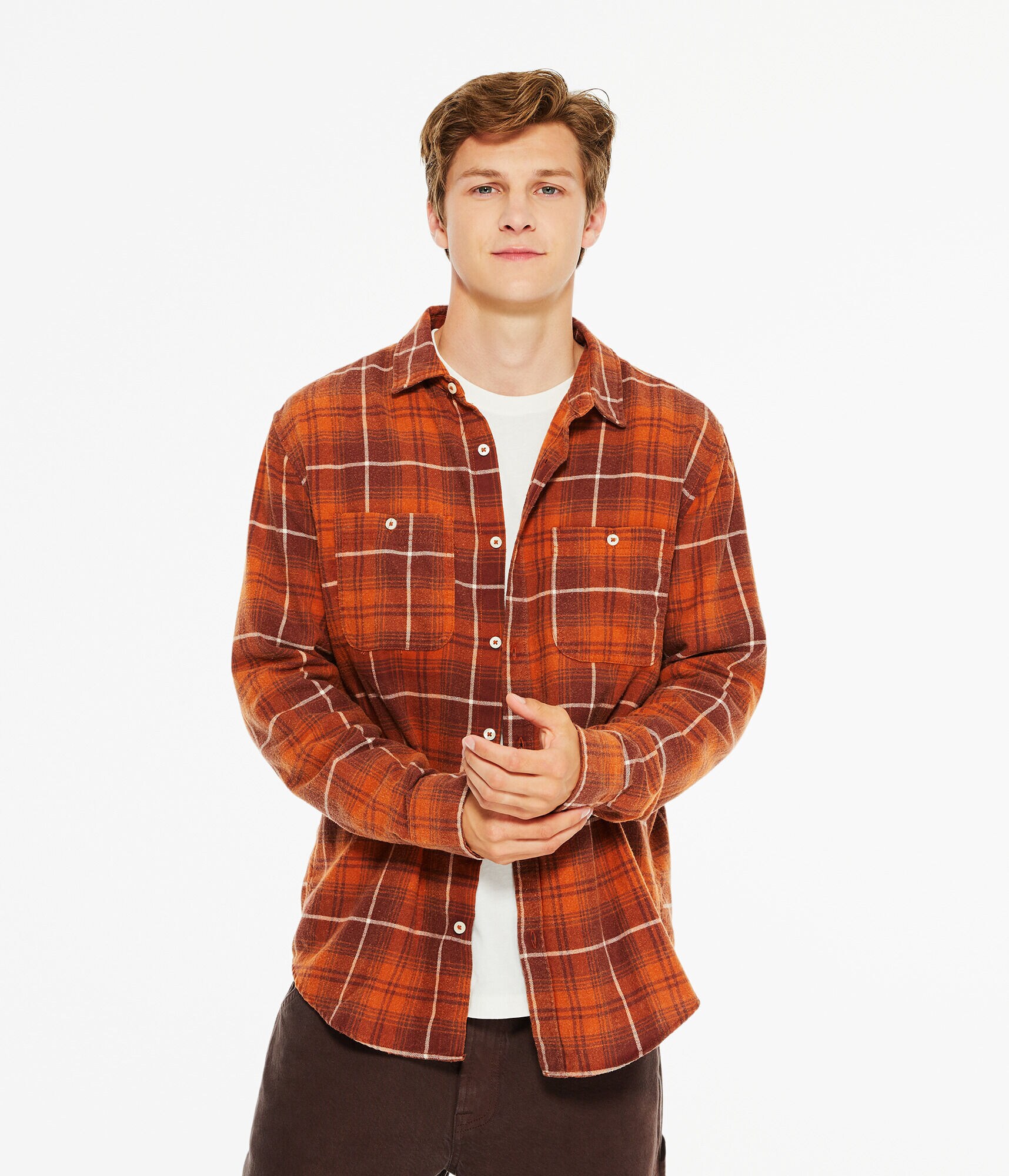 Long Sleeve Relaxed Washed Plaid Flannel Shirt