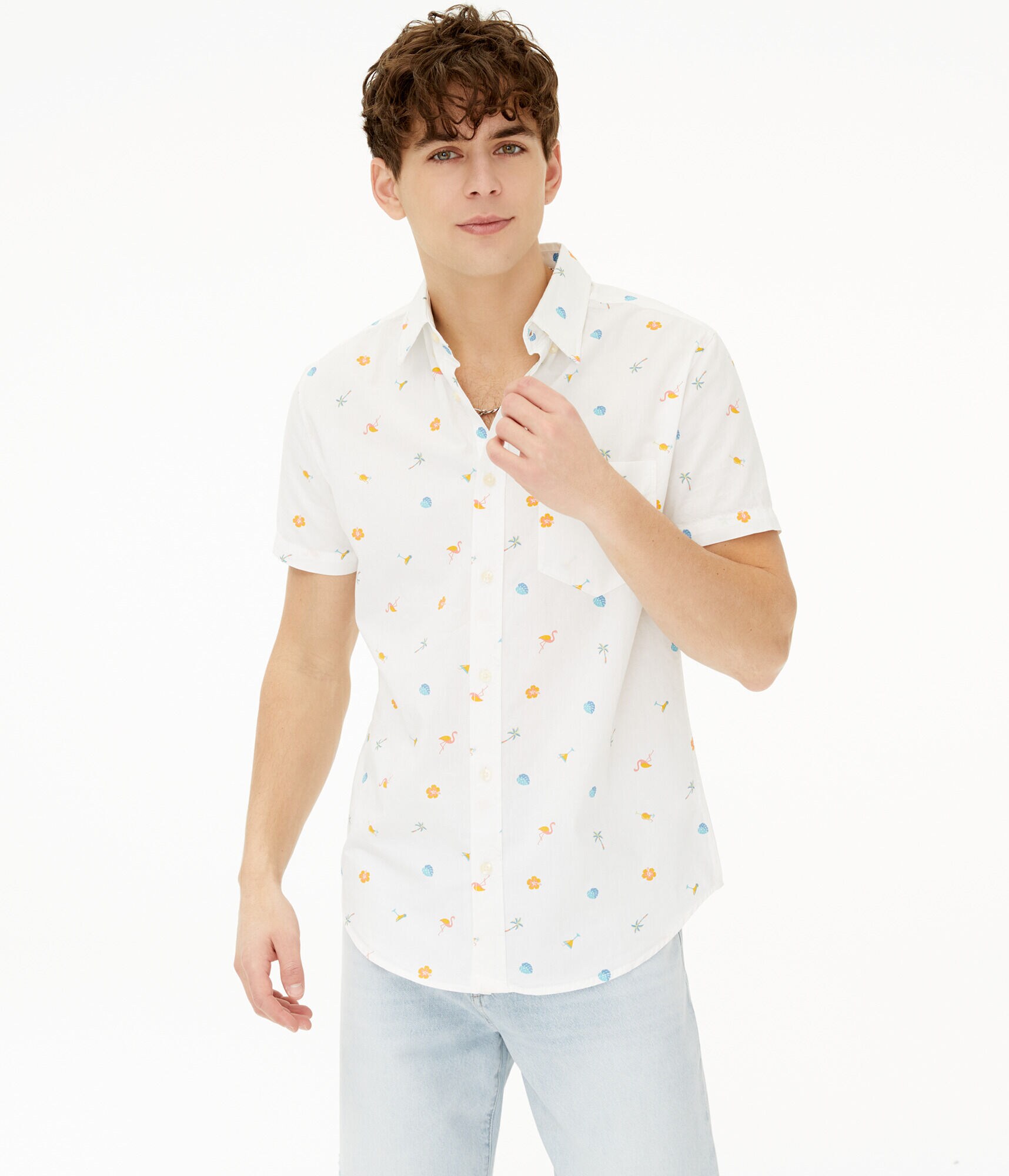 Tropical Icon Print Button-Down Shirt