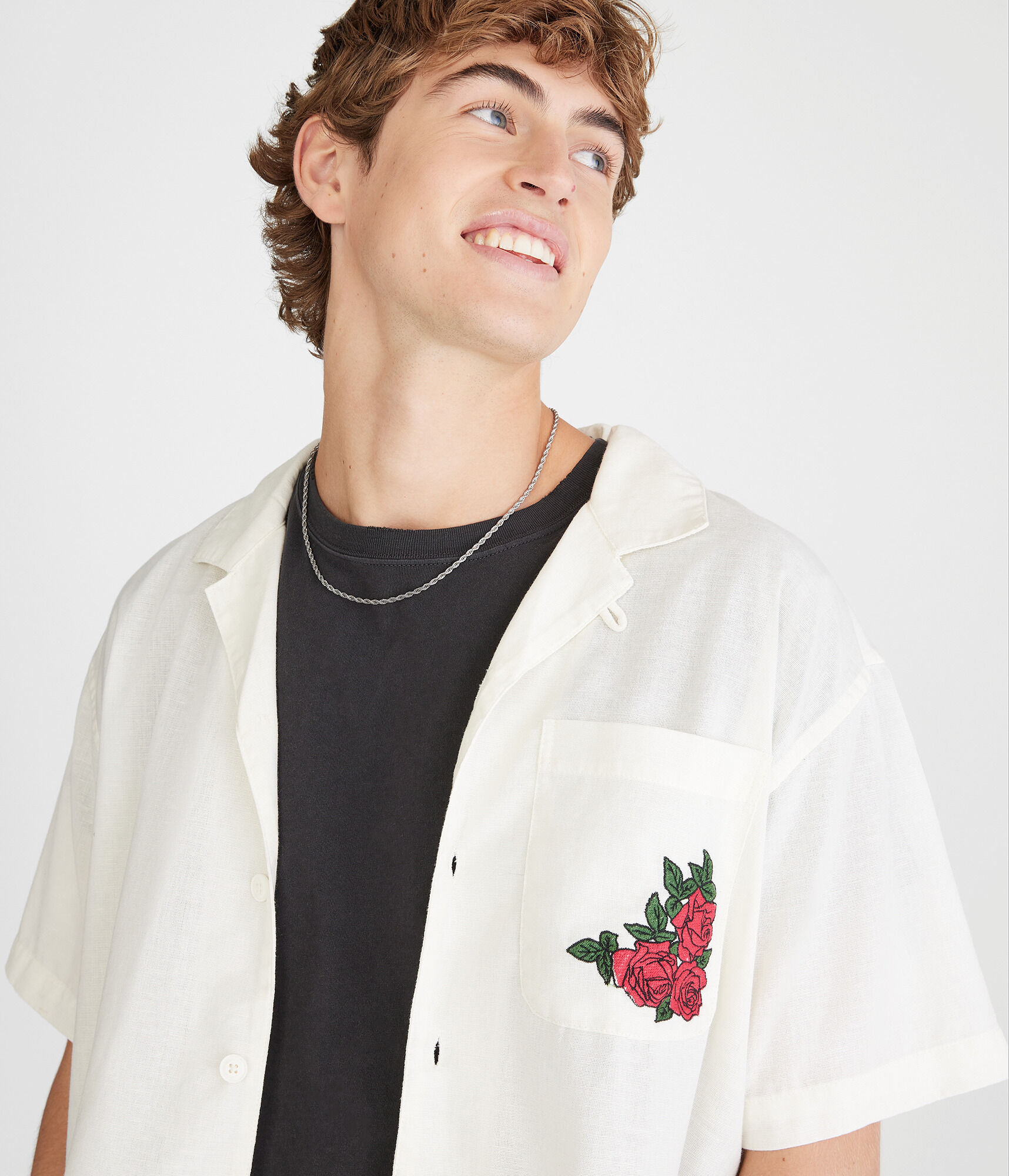 Short Sleeve Roses Auto Supply Boxy Linen Camp Shirt