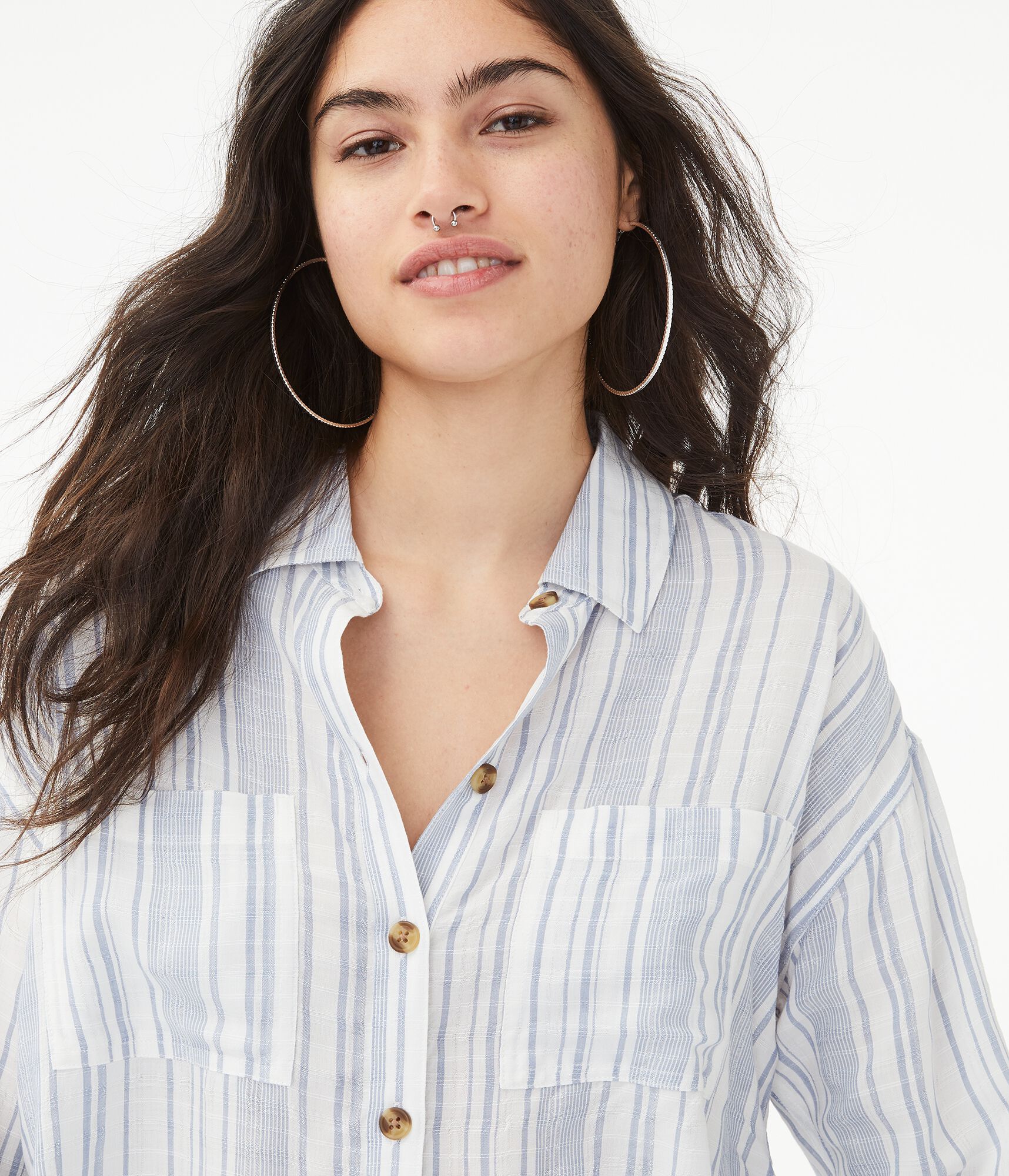 Long Sleeve Striped Cropped Button-Down Shirt