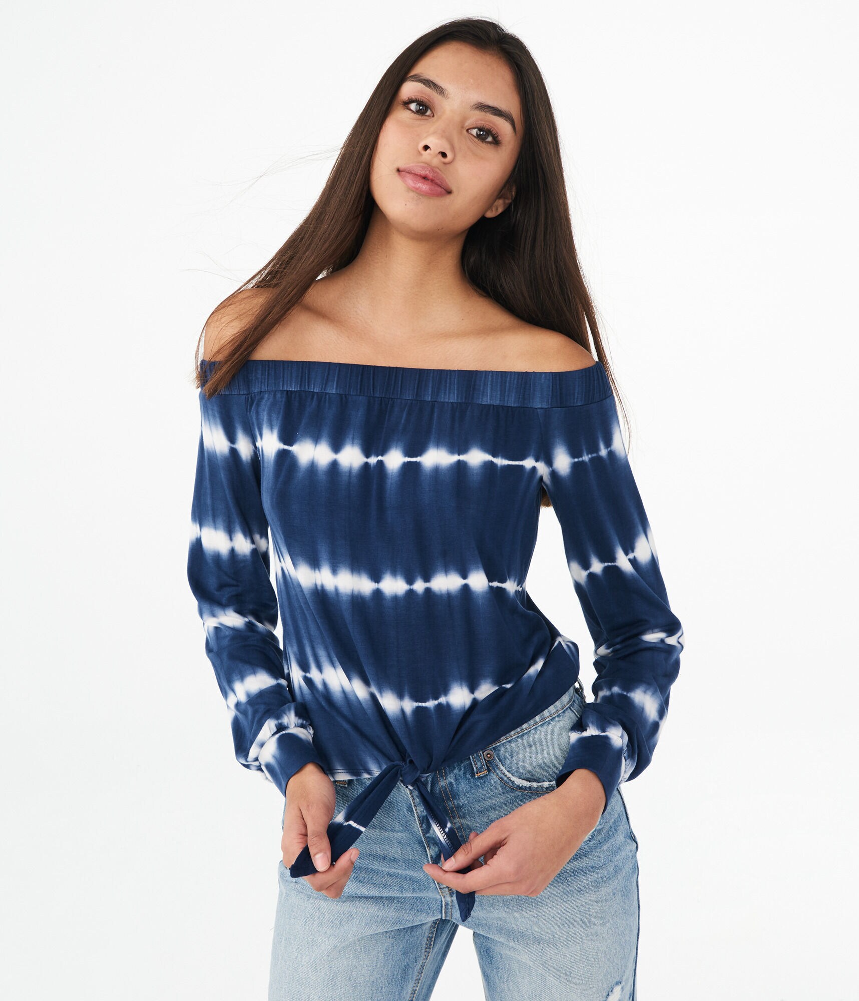 Long Sleeve Tie-Dye Tie-Front Off-The-Shoulder Top***