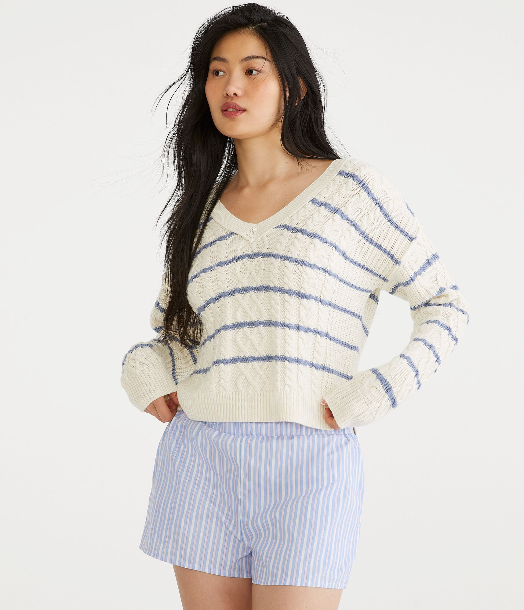 Striped Slouchy Cable V-Neck Sweater