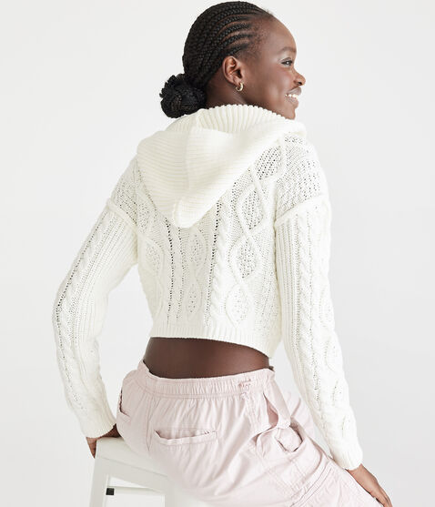 Cropped Cable-Knit Hooded Sweater Cropped Cable-Knit Hooded Sweater