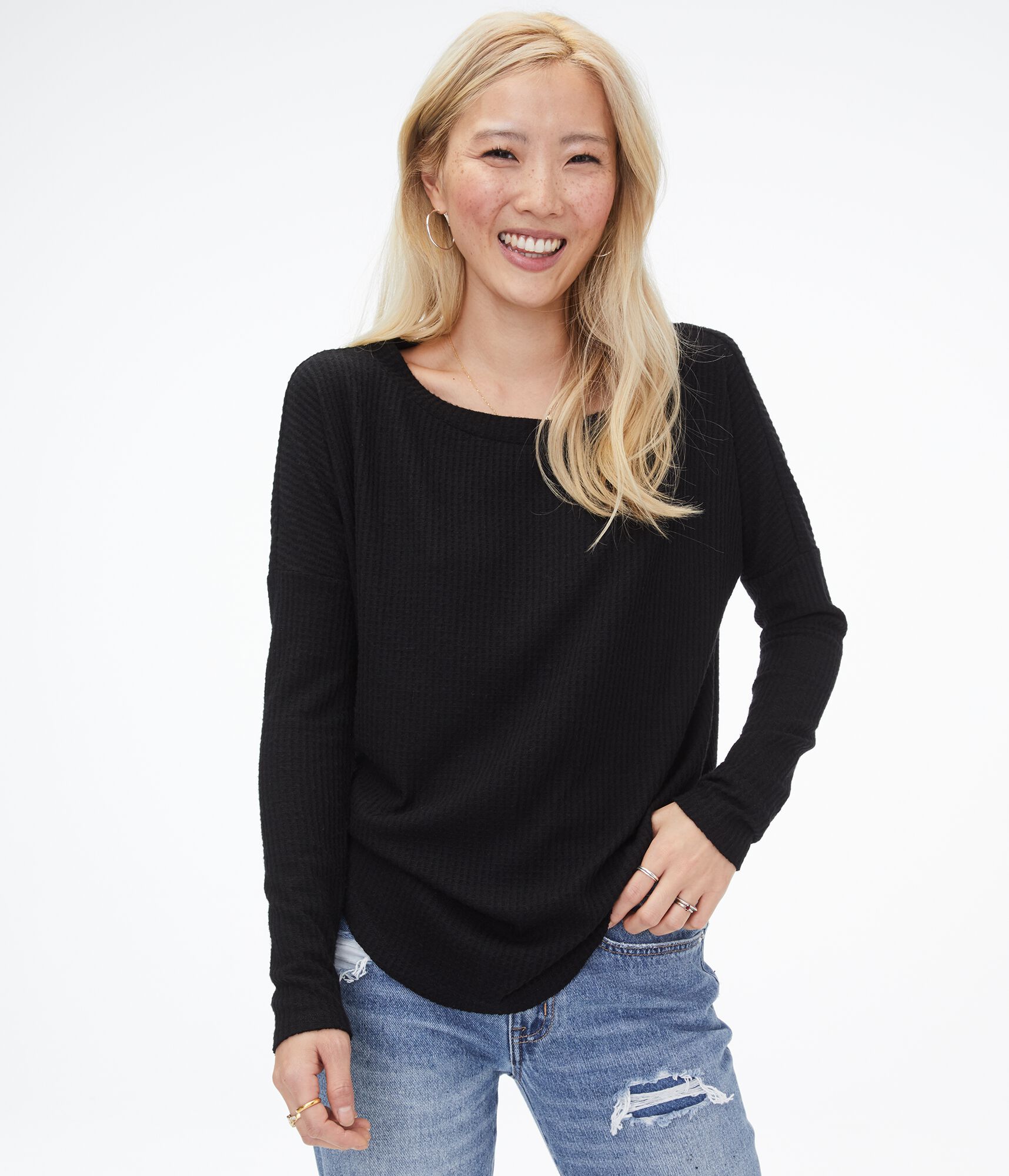 Long Sleeve Waffle-Knit Boat-Neck Top