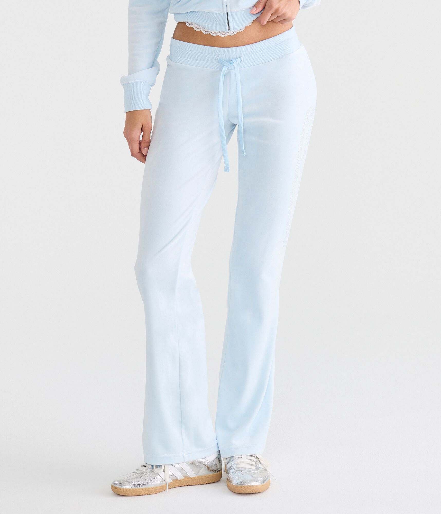 Von Dutch Rhinestone Logo Low-Rise Velour Flare Leg Pants