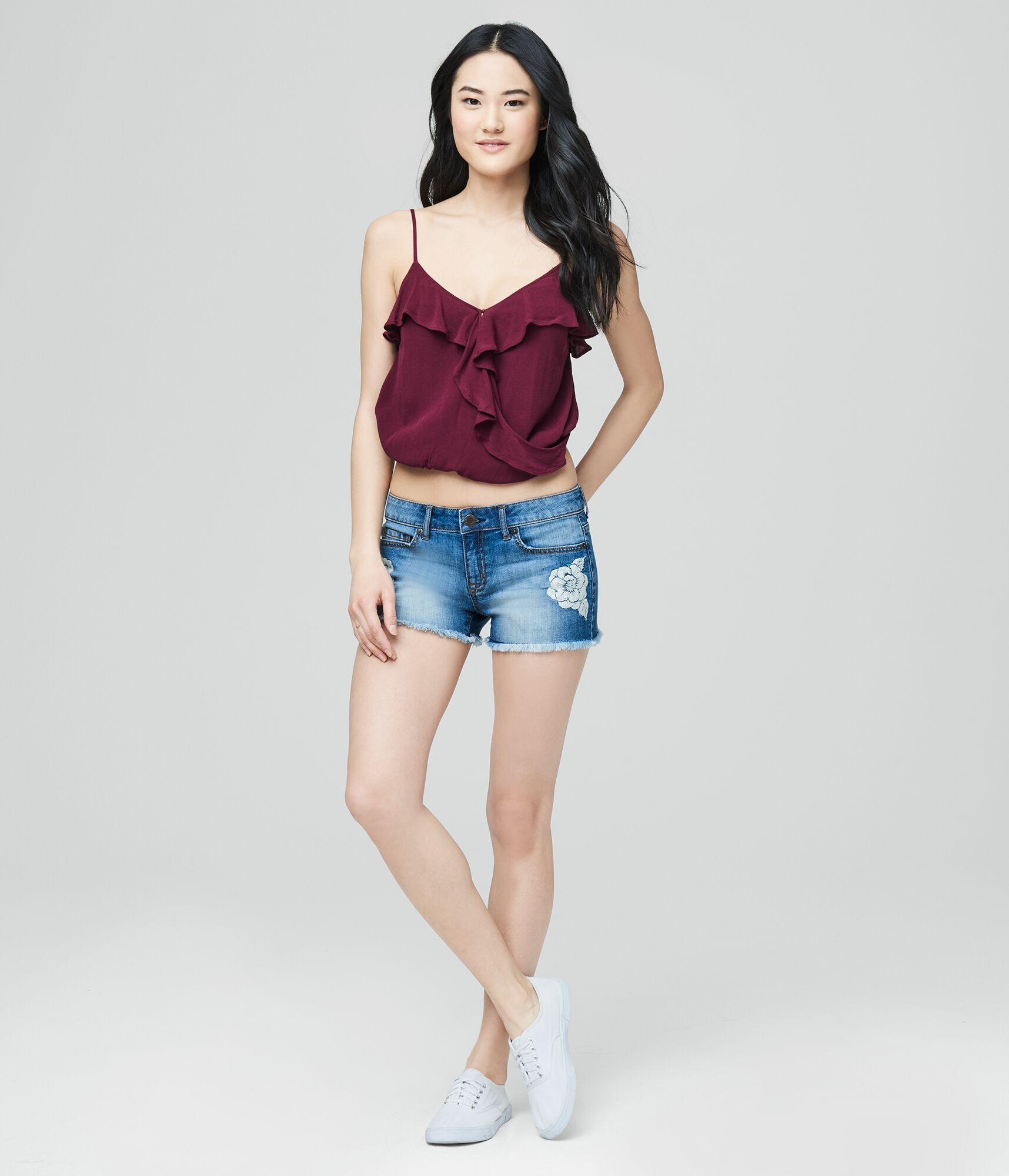 Embroidered Flower Medium Wash Denim Shorty Shorts