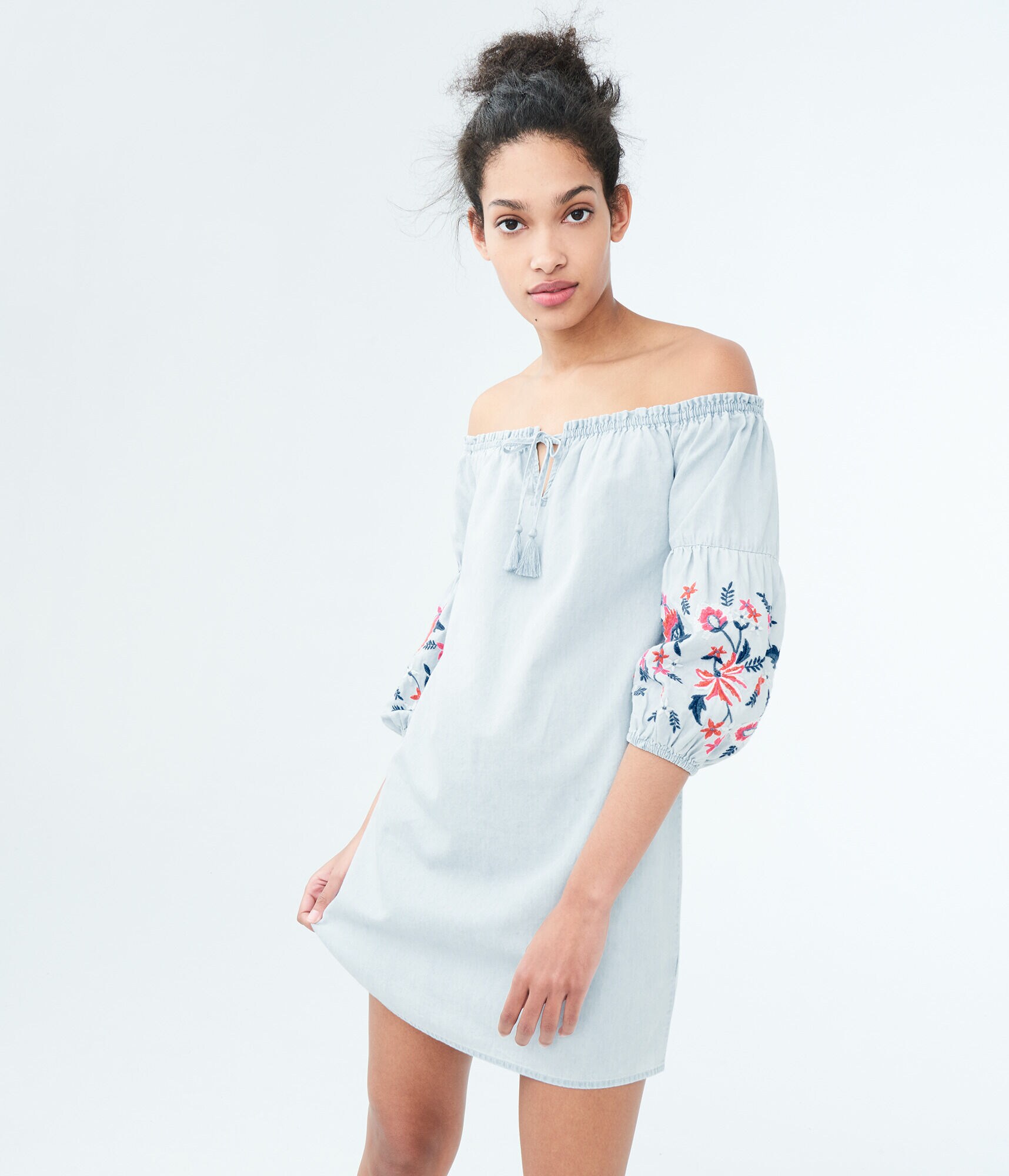 Solid Off-The-Shoulder Embroidered Chambray Shift Dress