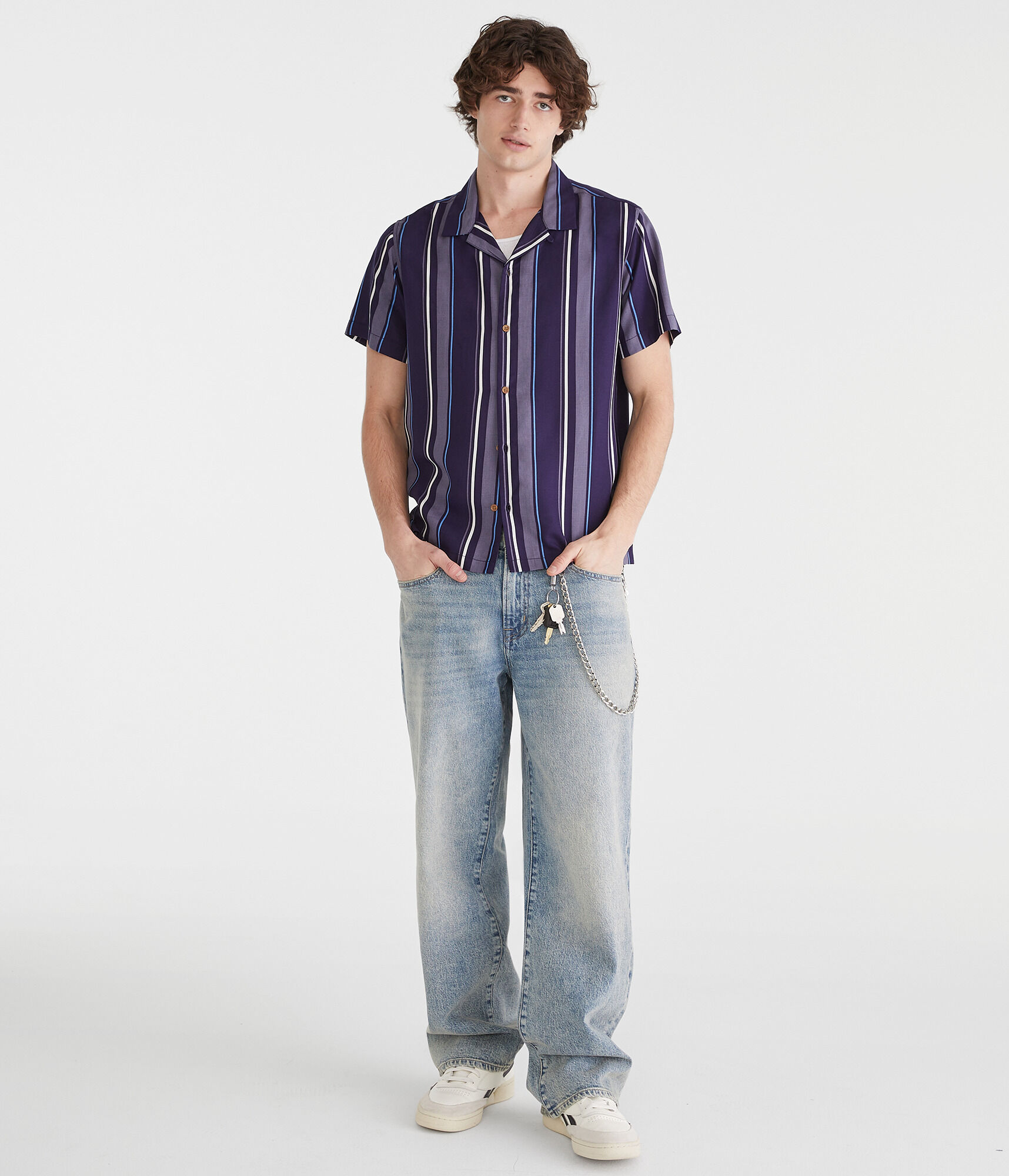 Short Sleeve Vertical Stripe Camp Shirt