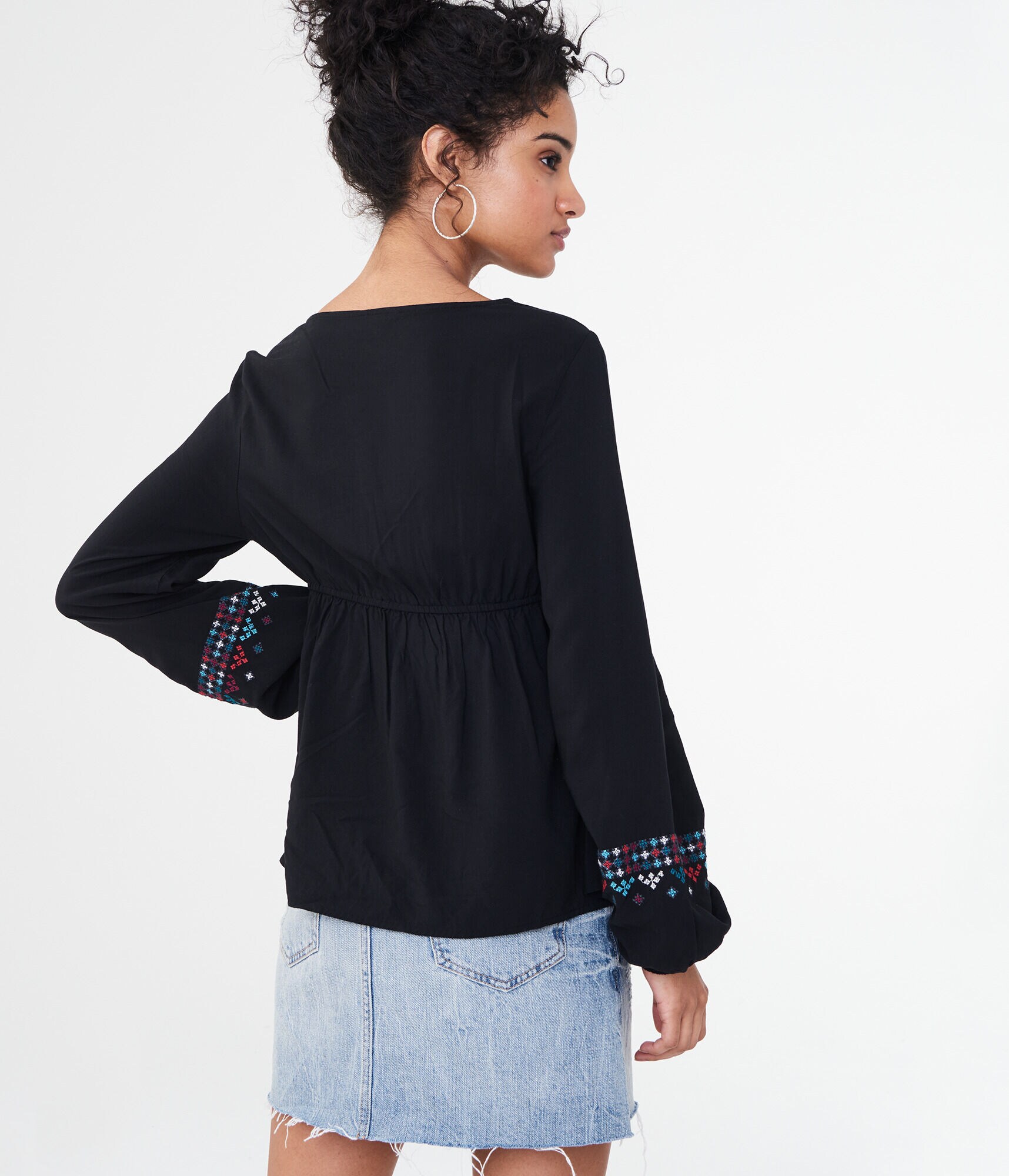 Long Sleeve Embroidered Lace-Up Peasant Top