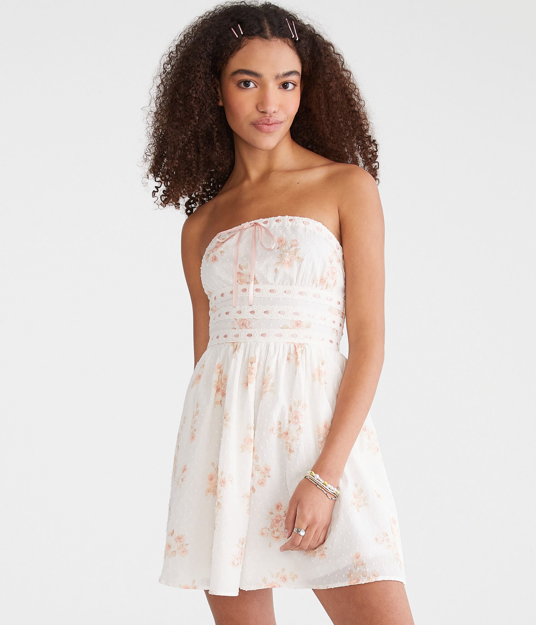Floral Strapless Swiss Dot Mini Dress Floral Strapless Swiss Dot Mini Dress