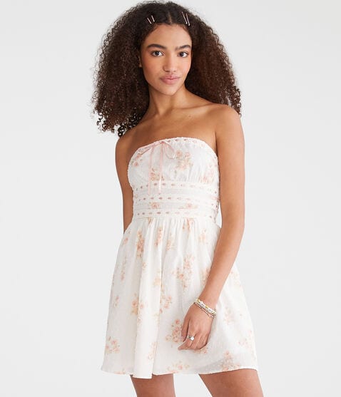 Floral Strapless Swiss Dot Mini Dress Floral Strapless Swiss Dot Mini Dress