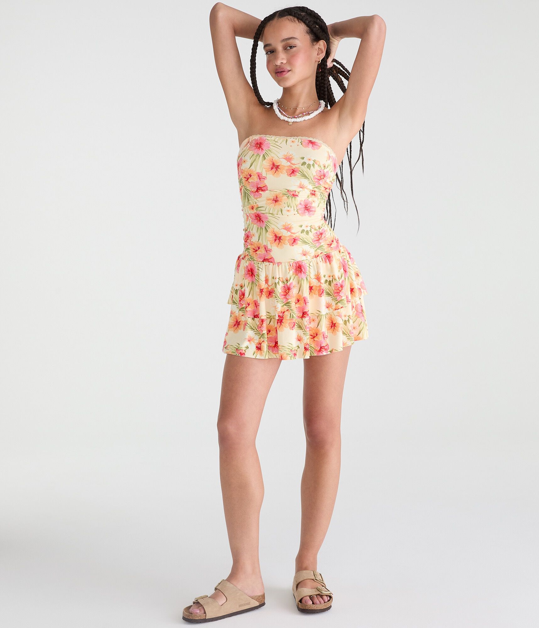 Floral Strapless Drop-Waist Mini Dress