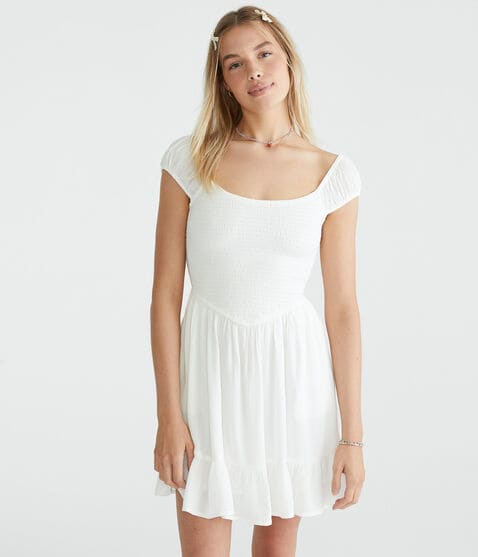 Solid Scoop-Neck Smocked V-Waist Mini Dress Solid Scoop-Neck Smocked V-Waist Mini Dress