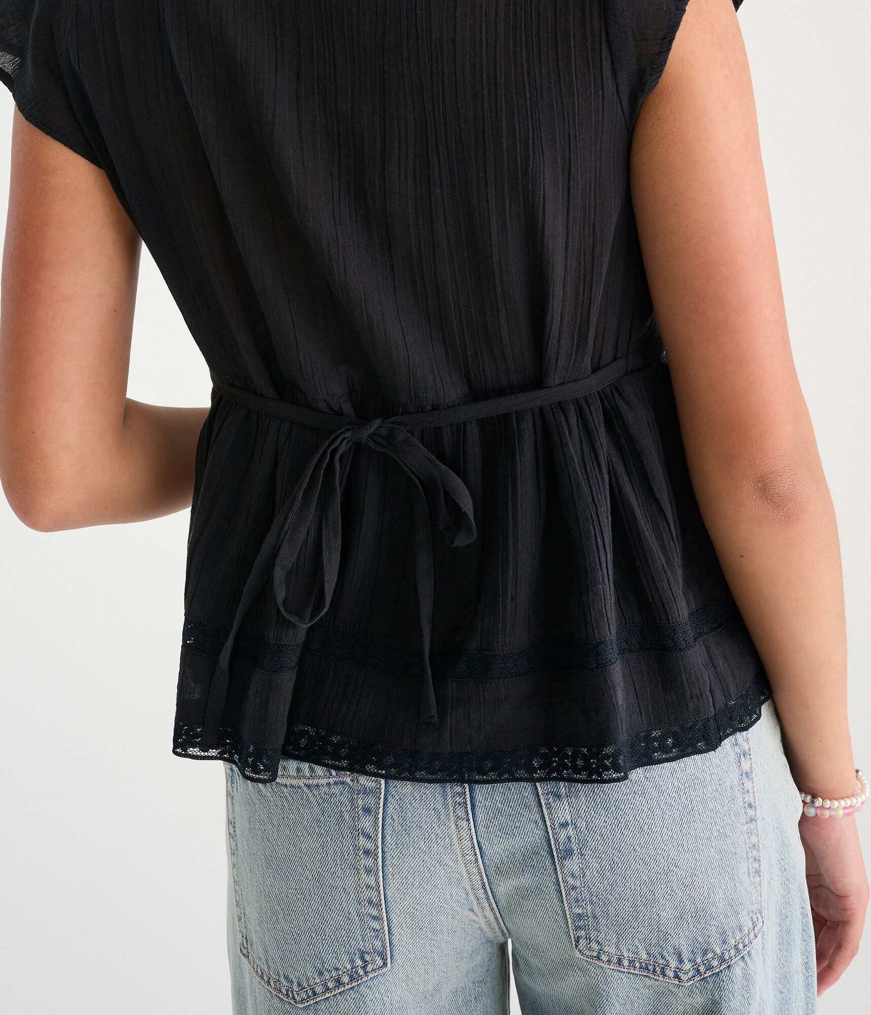 Lace &amp; Pintuck V-Neck Tie-Back Blouse