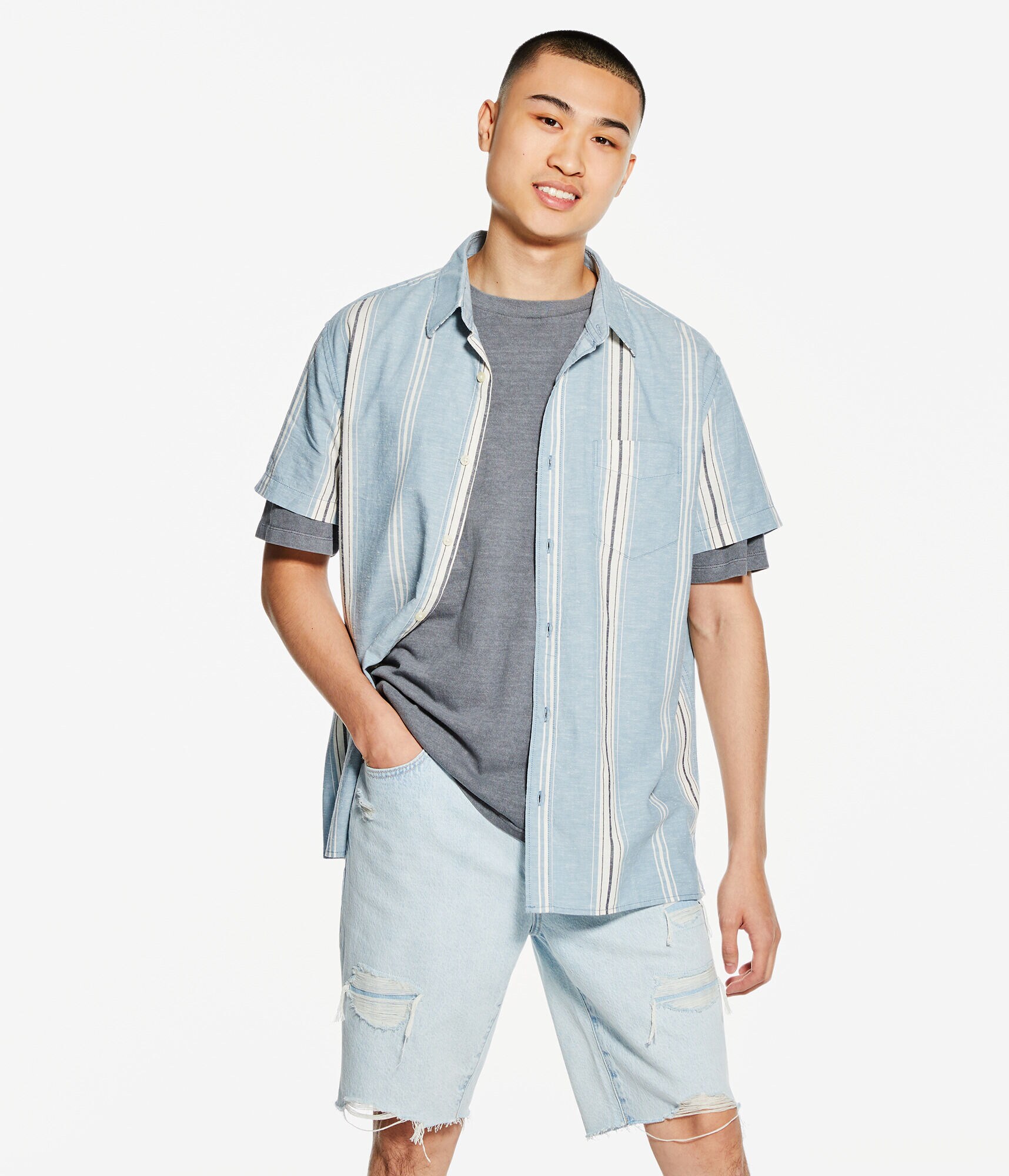 Relaxed Vertical Stripe Hemp Button-Down Shirt