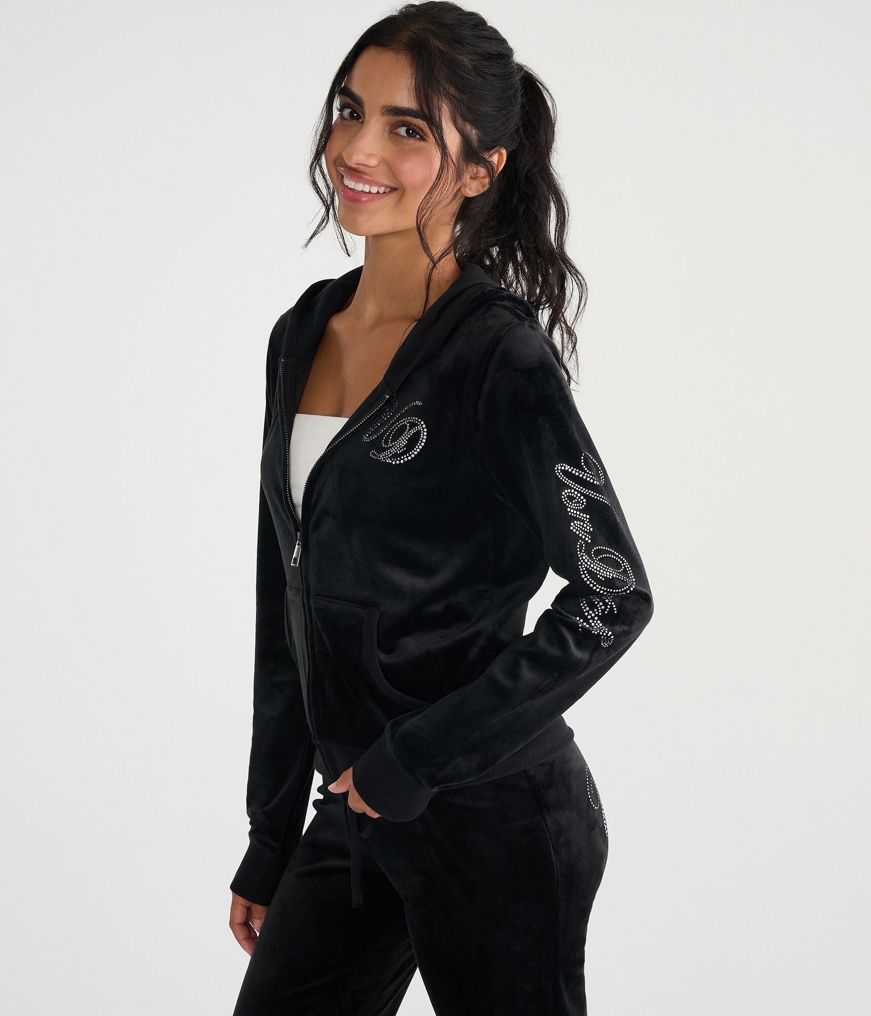 Von Dutch Rhinestone Logo Velour Full-Zip Hoodie