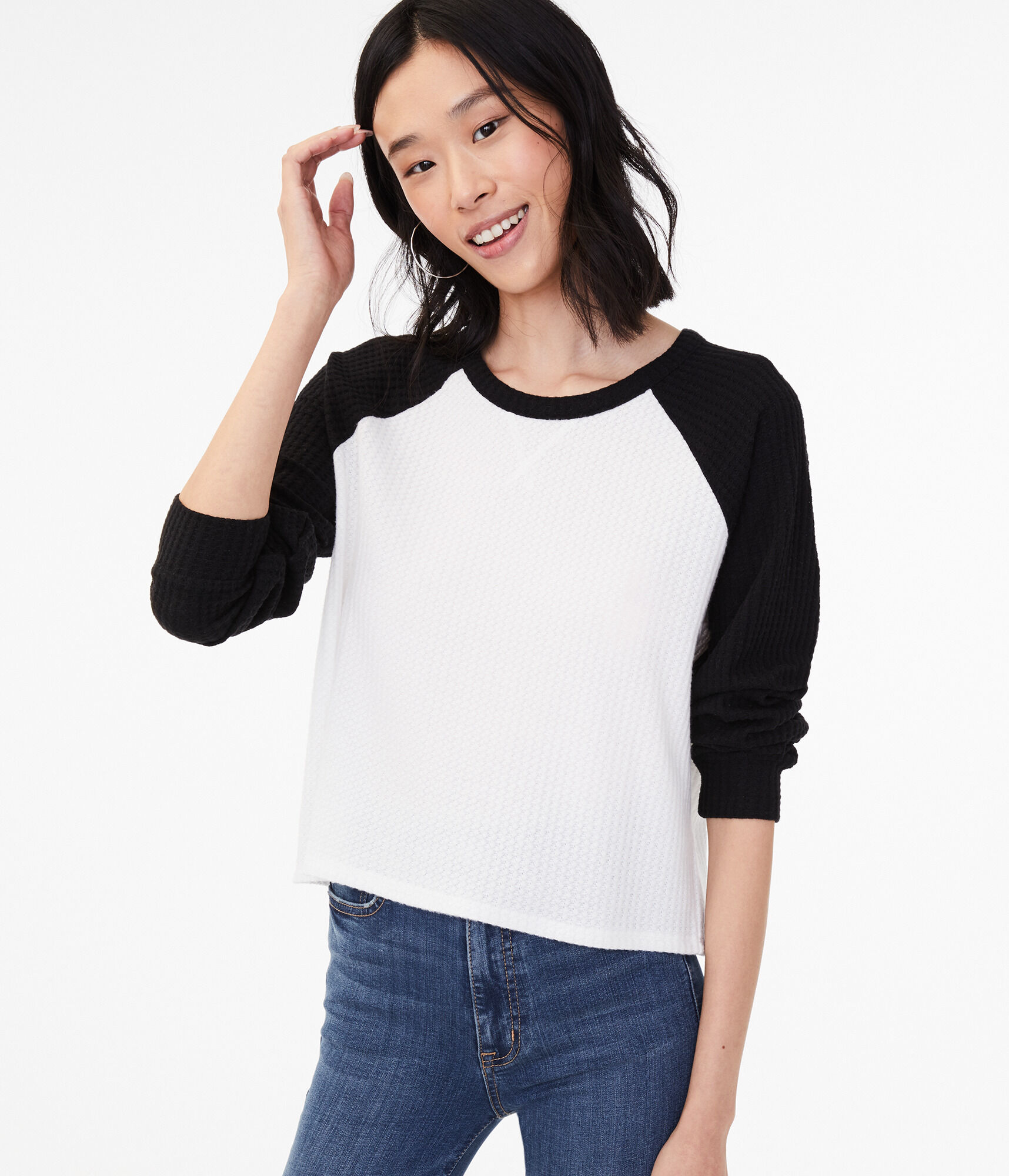 Long Sleeve Waffle-Knit Raglan Crew Tee