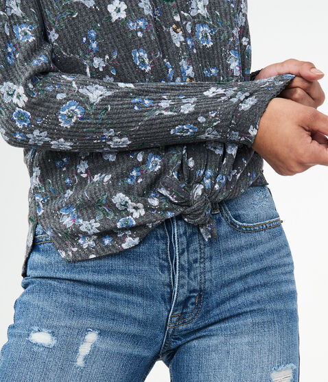 Long Sleeve Floral Waffle-Knit Top