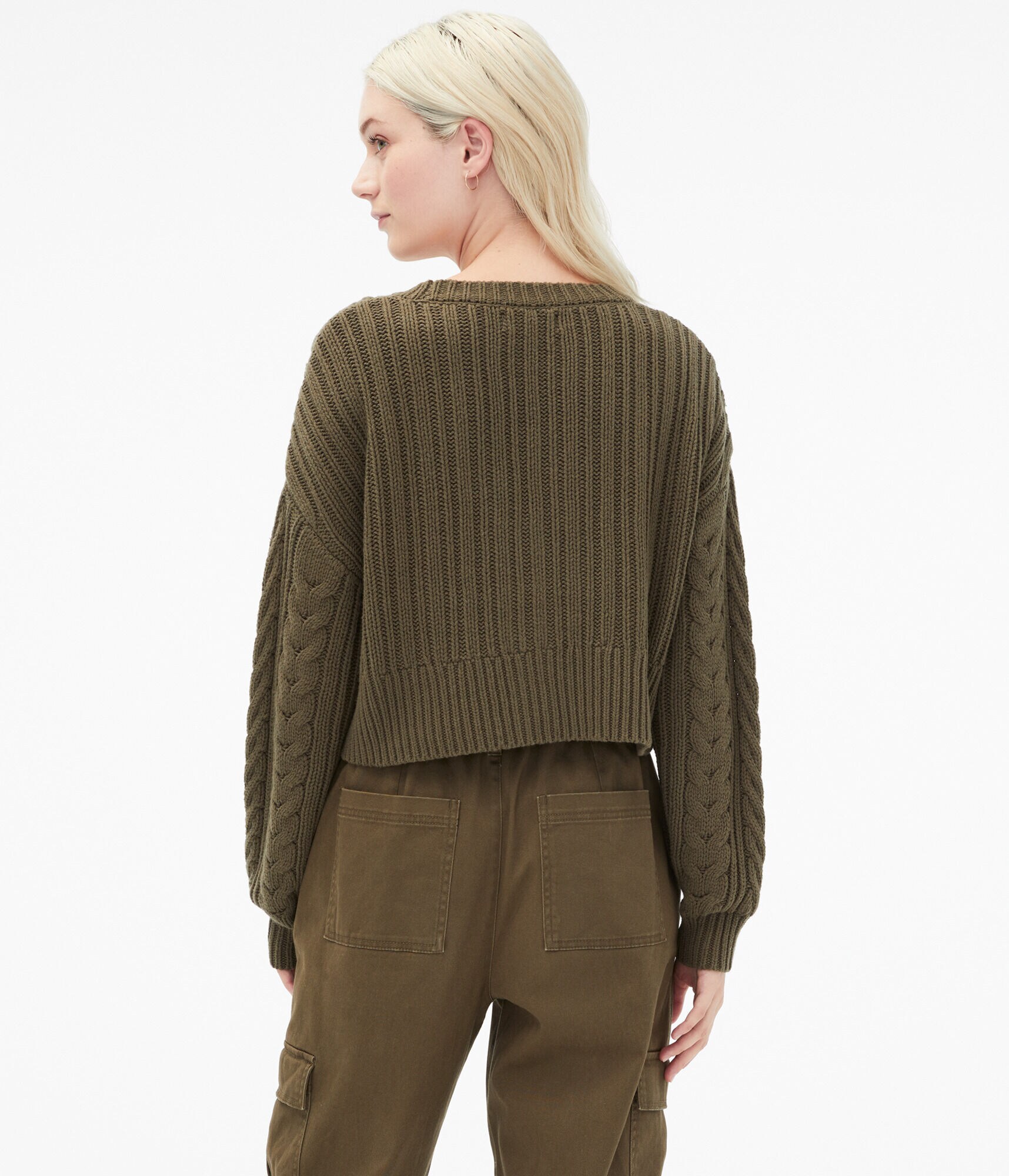 Cable-Knit Cropped V-Neck Cardigan