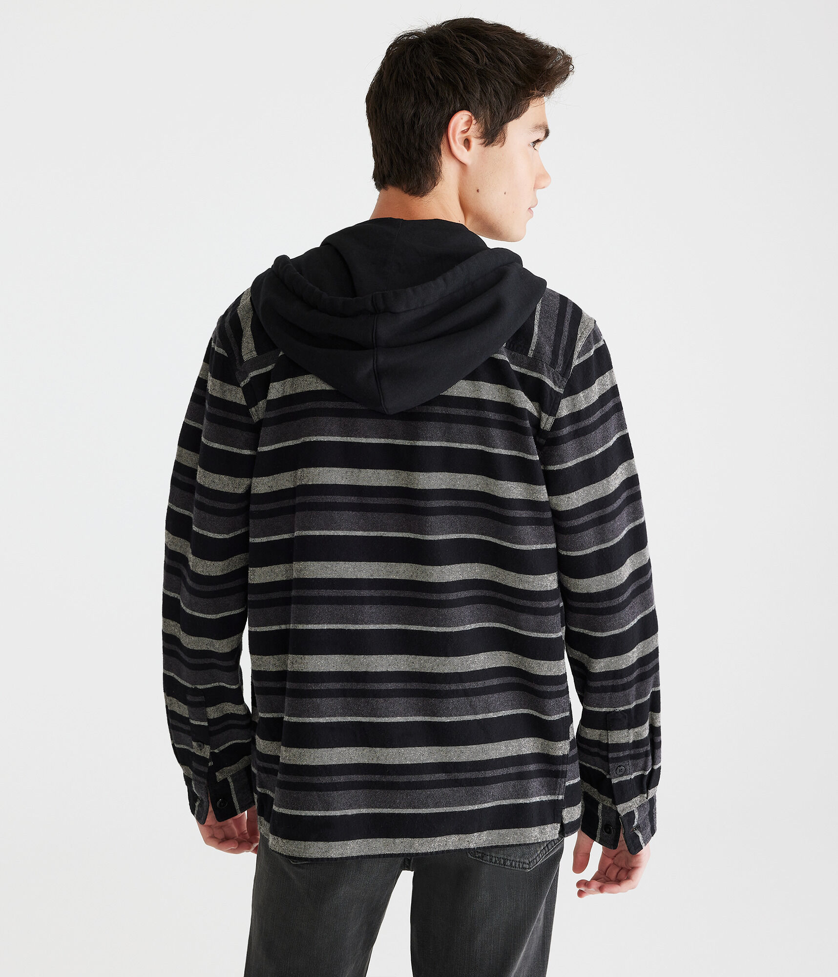 Long Sleeve Striped Hooded Flannel Shirt
