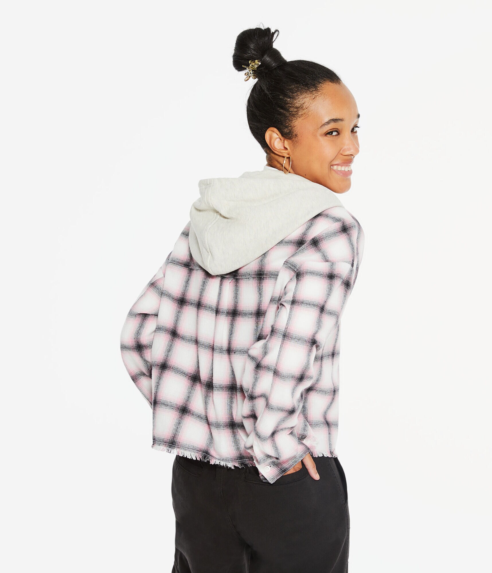 Long Sleeve Plaid Hooded Button-Down Shirt