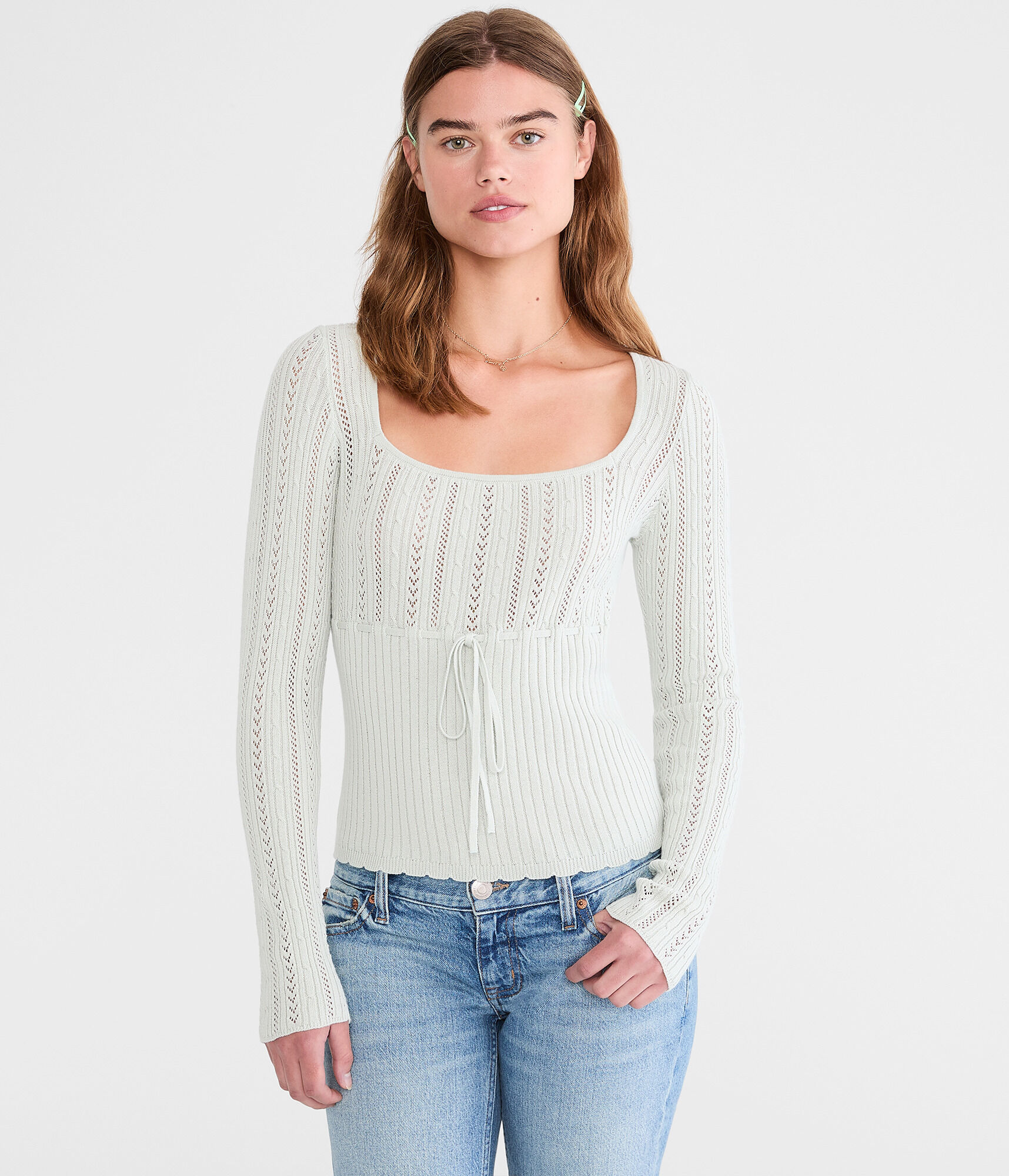 Pointelle Tie-Front Square-Neck Sweater