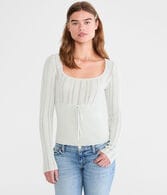 Pointelle Tie-Front Square-Neck Sweater