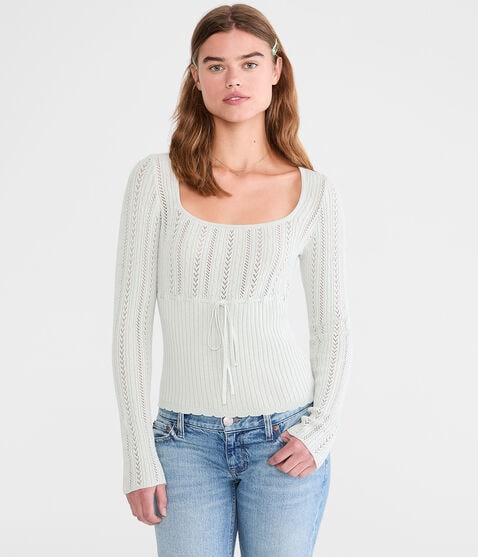 Pointelle Tie-Front Square-Neck Sweater Pointelle Tie-Front Square-Neck Sweater