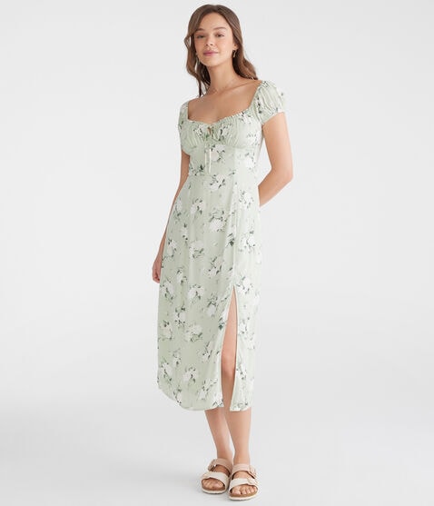 Floral Scoop-Neck Tie-Front Midi Dress