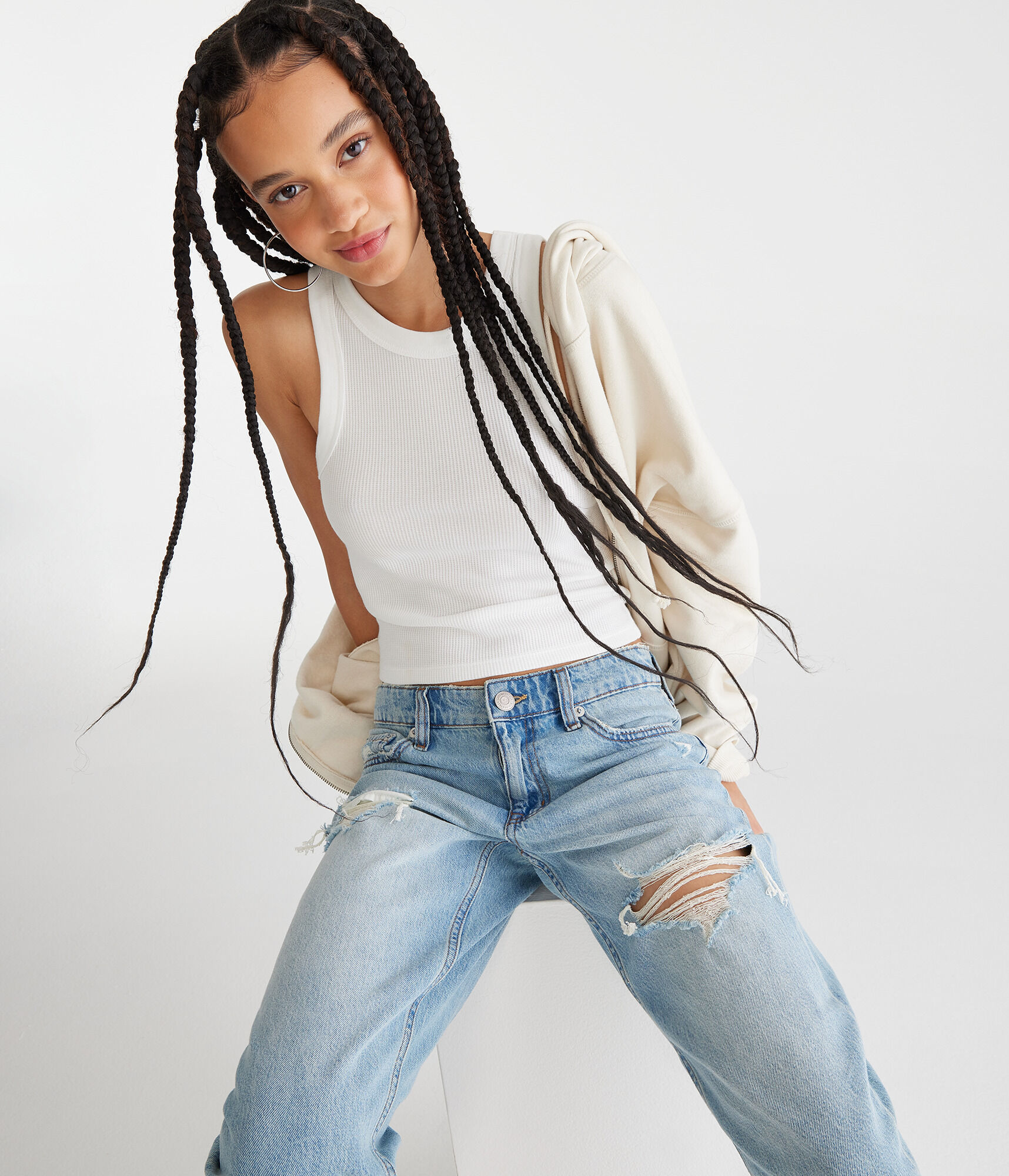 High-Neck Cropped Waffle Tank