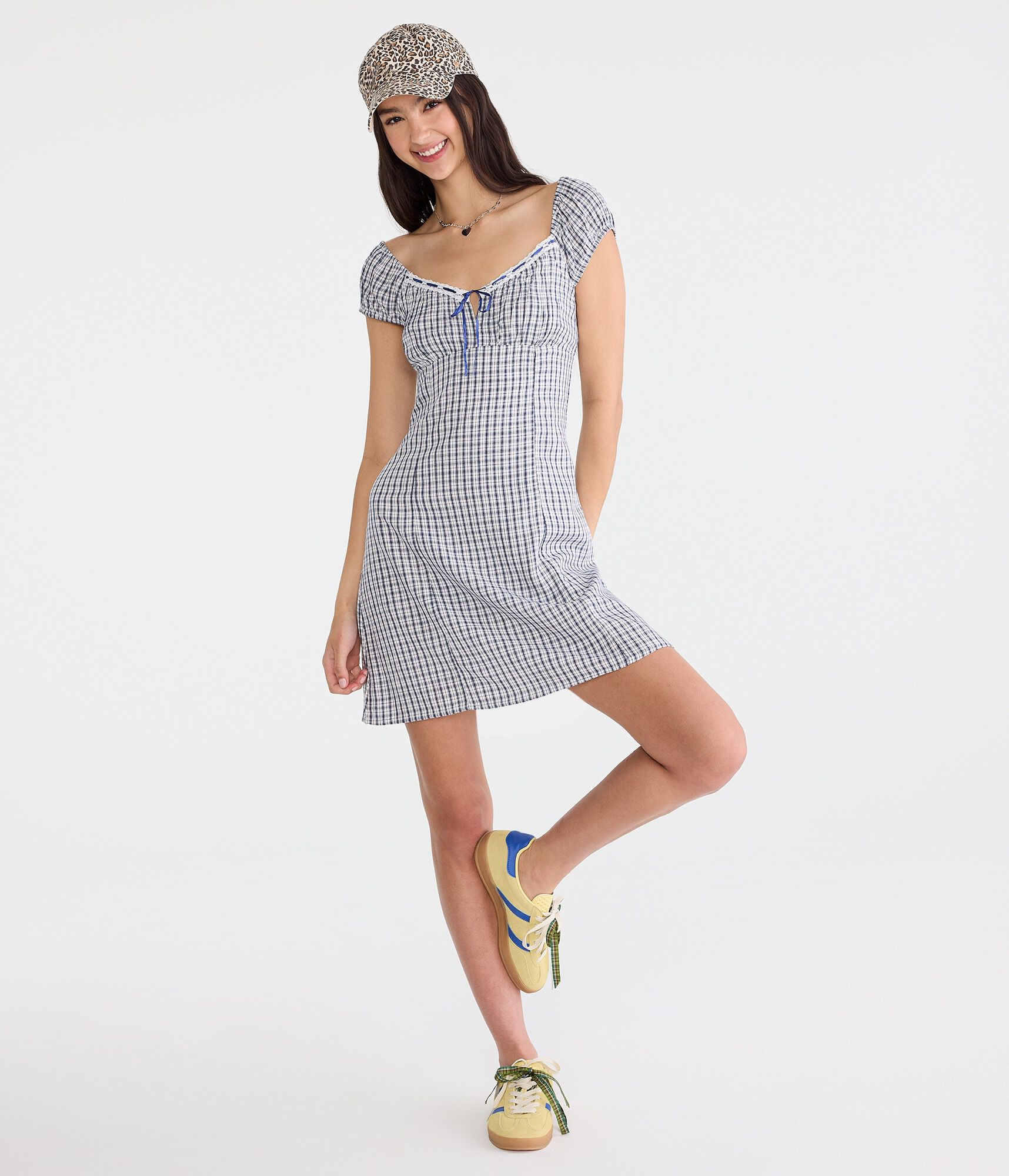 Plaid Scoop-Neck A-Line Mini Dress