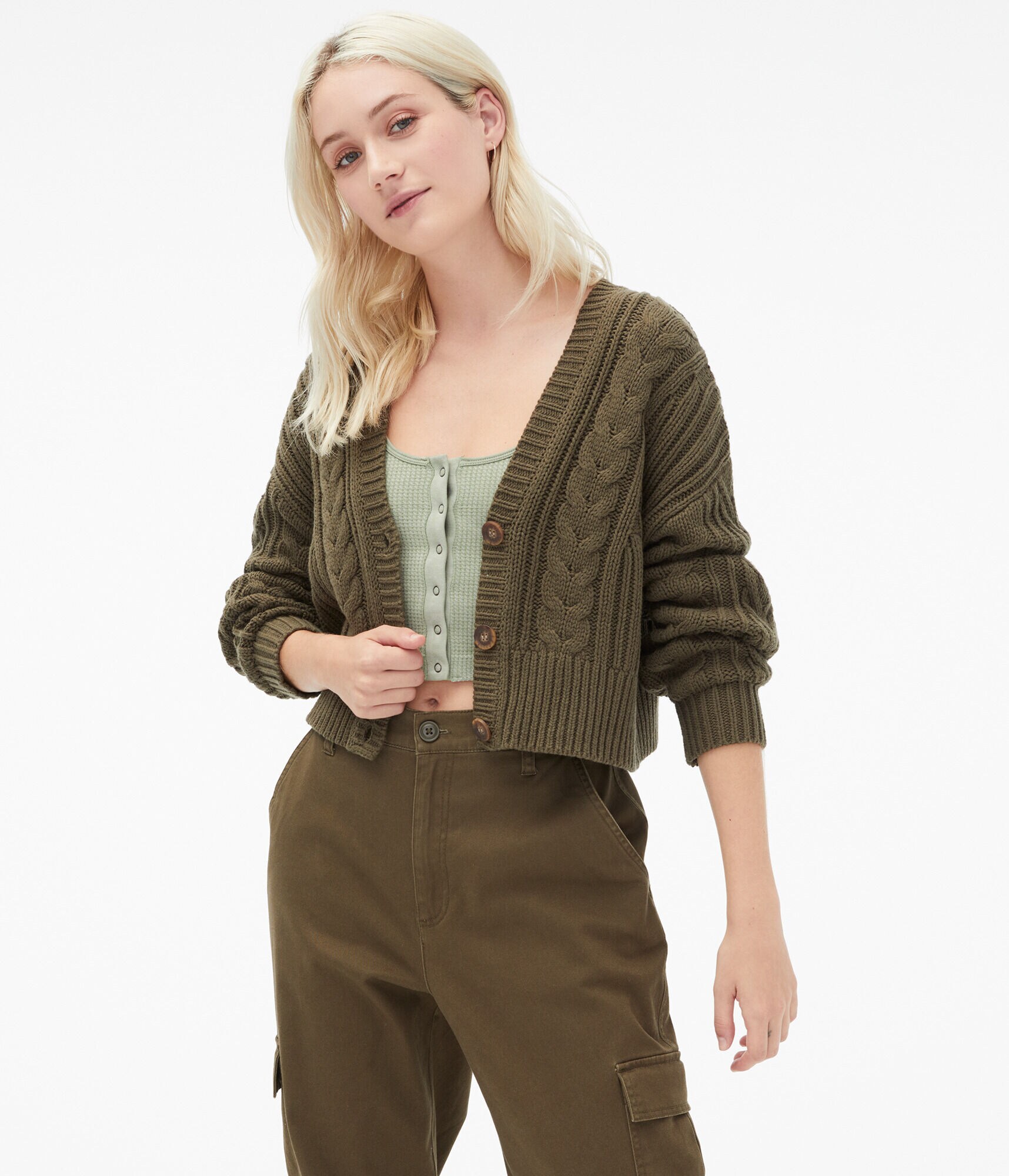 Cable-Knit Cropped V-Neck Cardigan