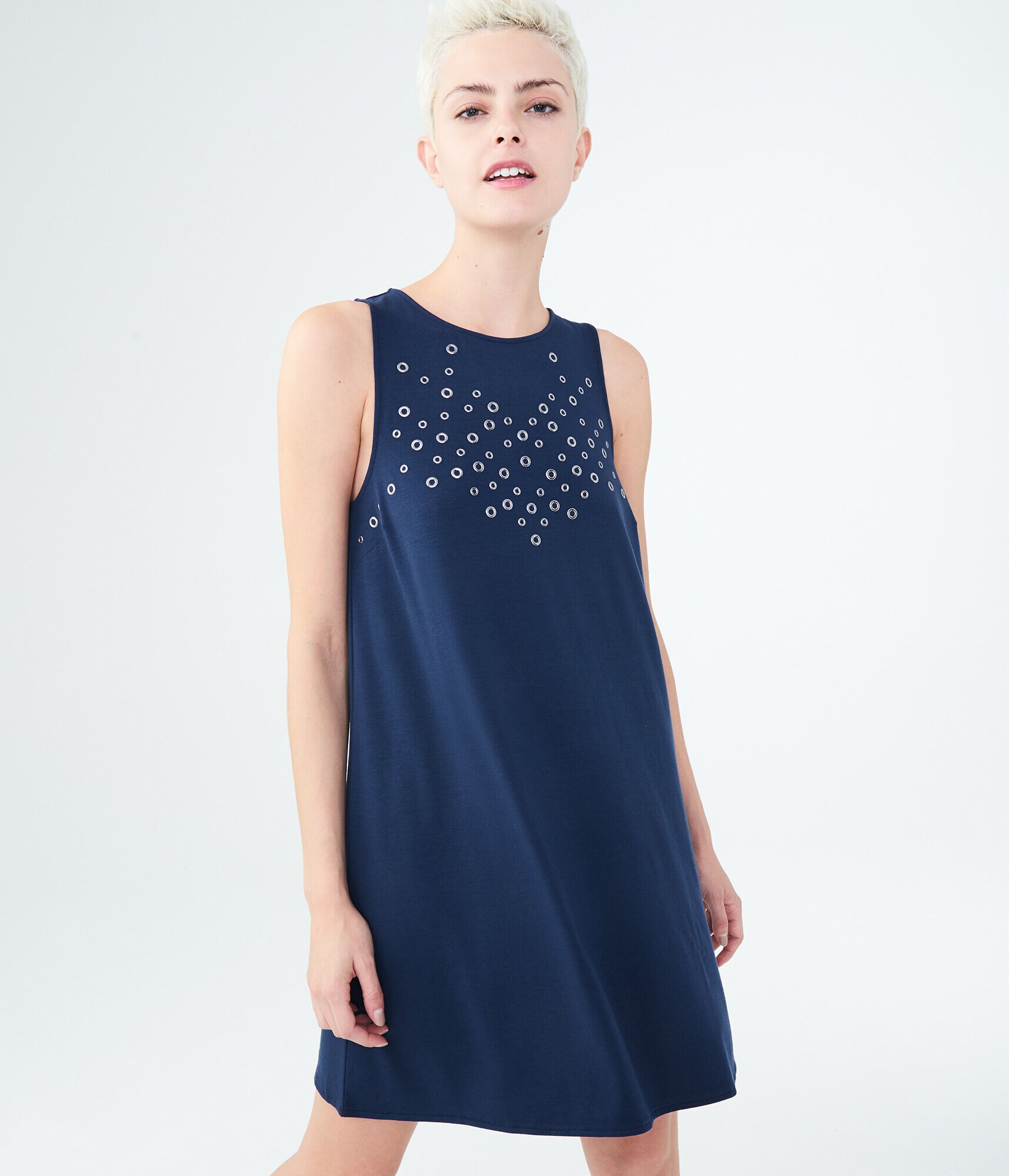 Solid High-Neck Grommet Swing Dress