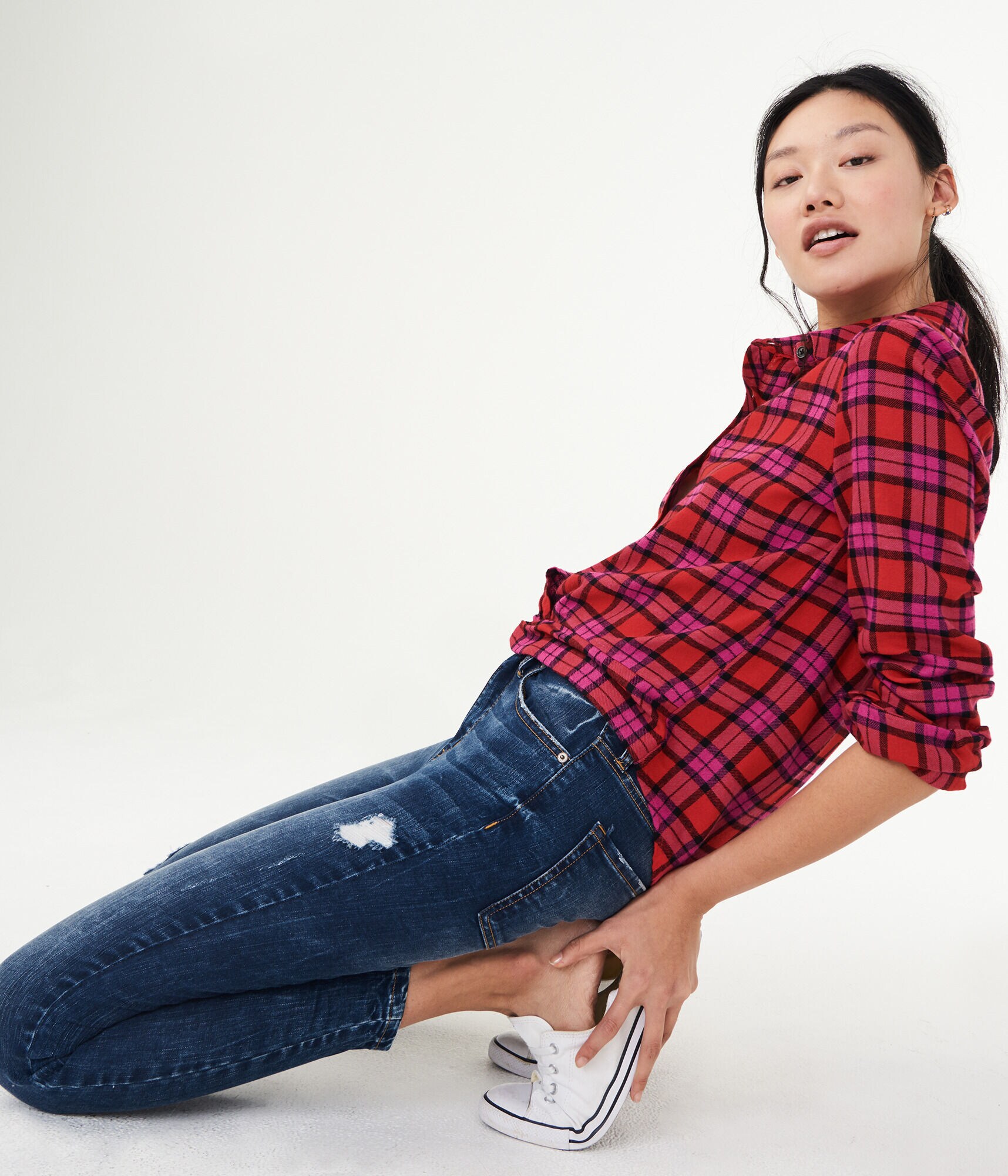 Long Sleeve Plaid Knot-Front Woven Shirt