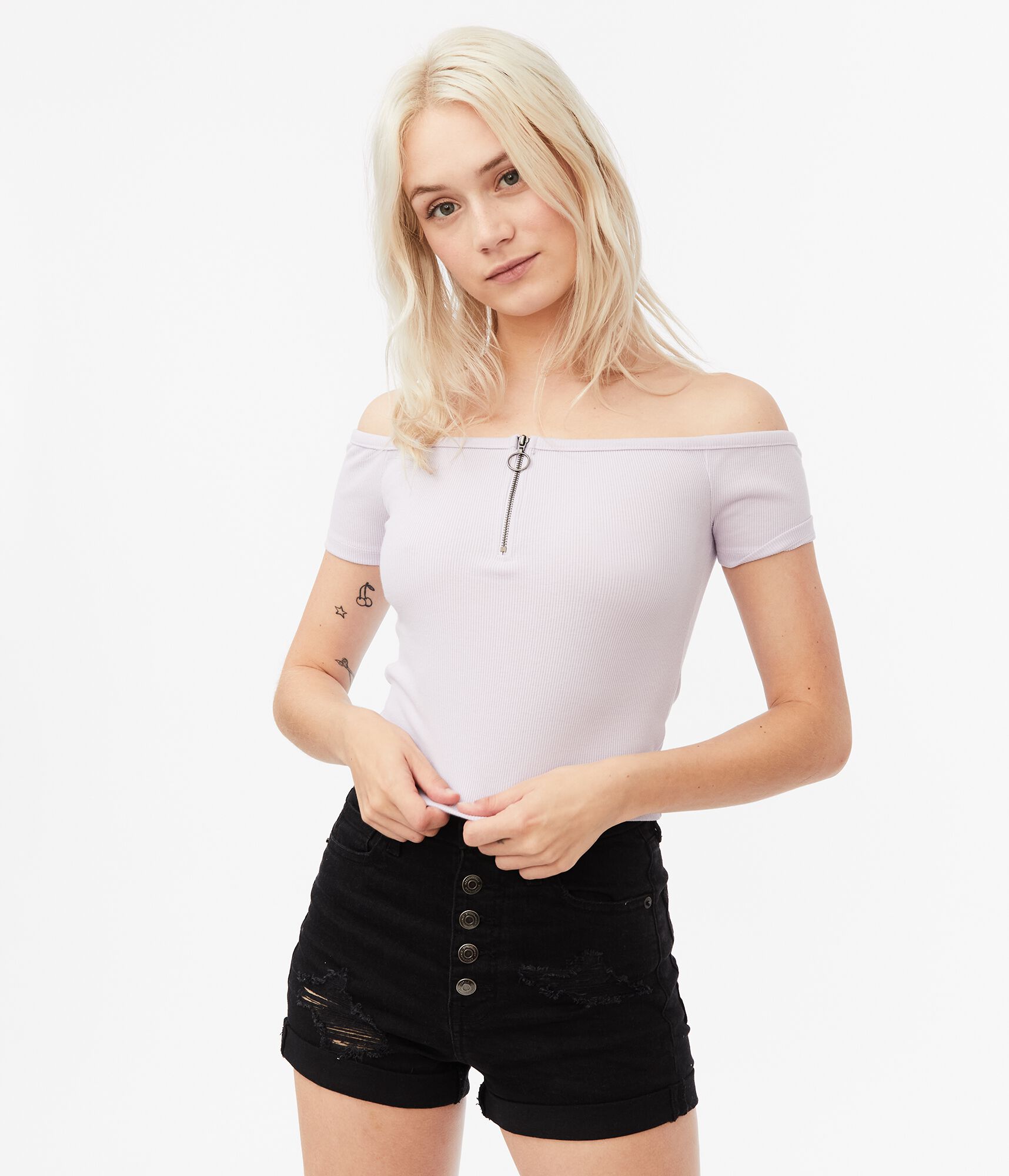 Ribbed OffTheShoulder ZipFront Bodycon Top