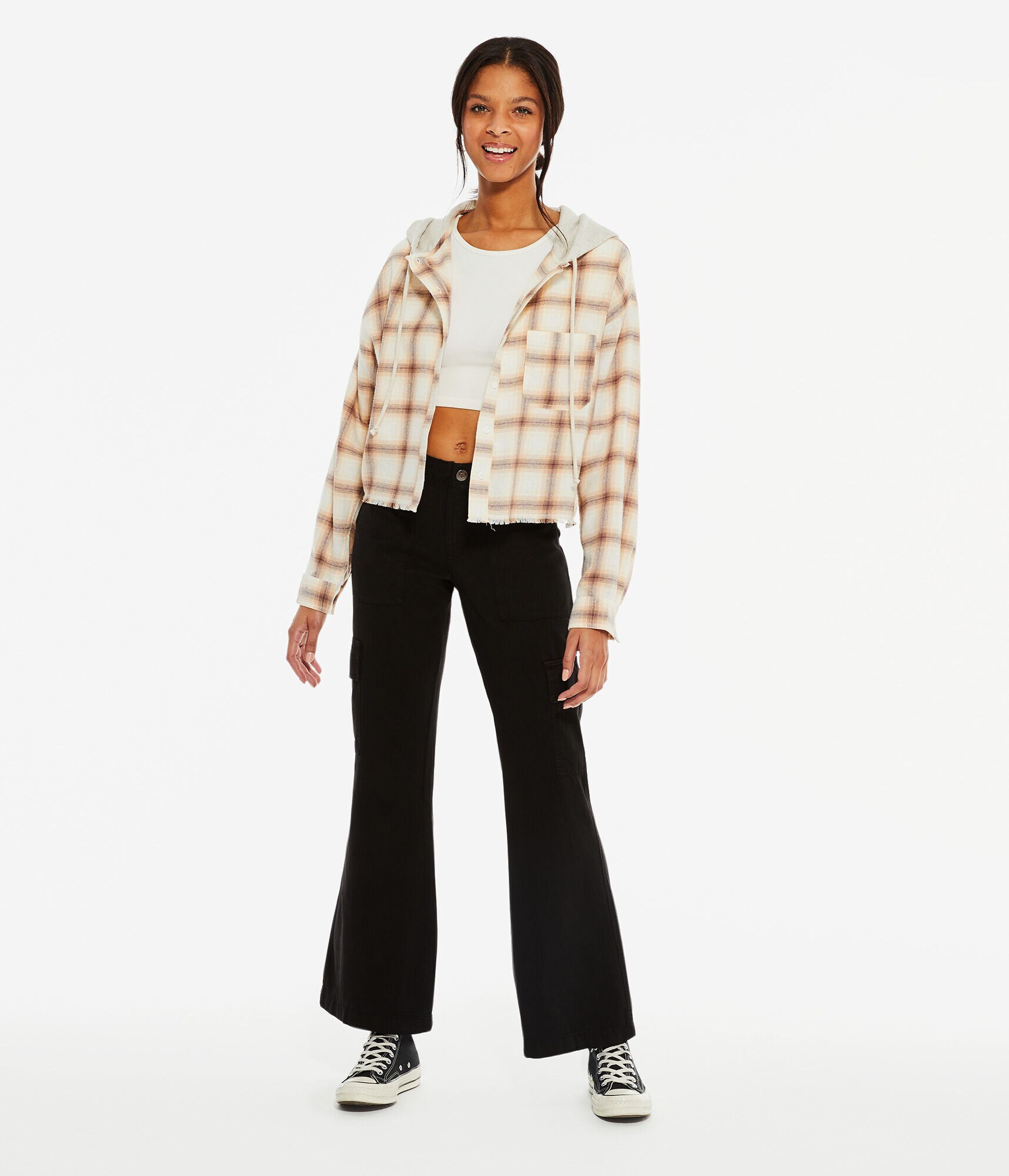 Long Sleeve Plaid Hooded Button-Down Shirt