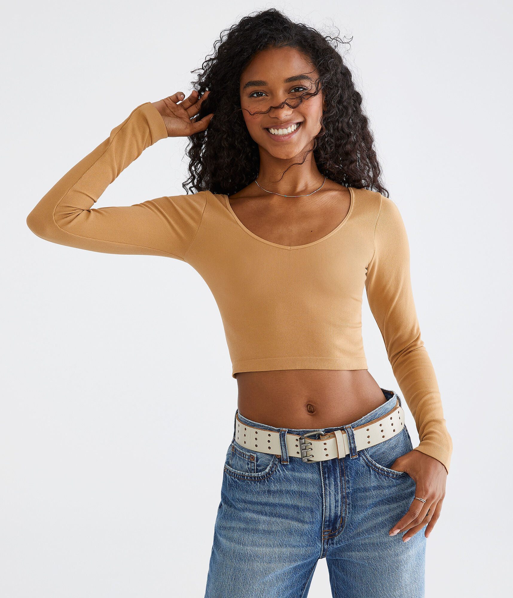 ★andar★ Airy Essential Polo Long Sleeve Crop Tee Brushed Airy Fit Slim Fit Long Sleeve Polo – andar